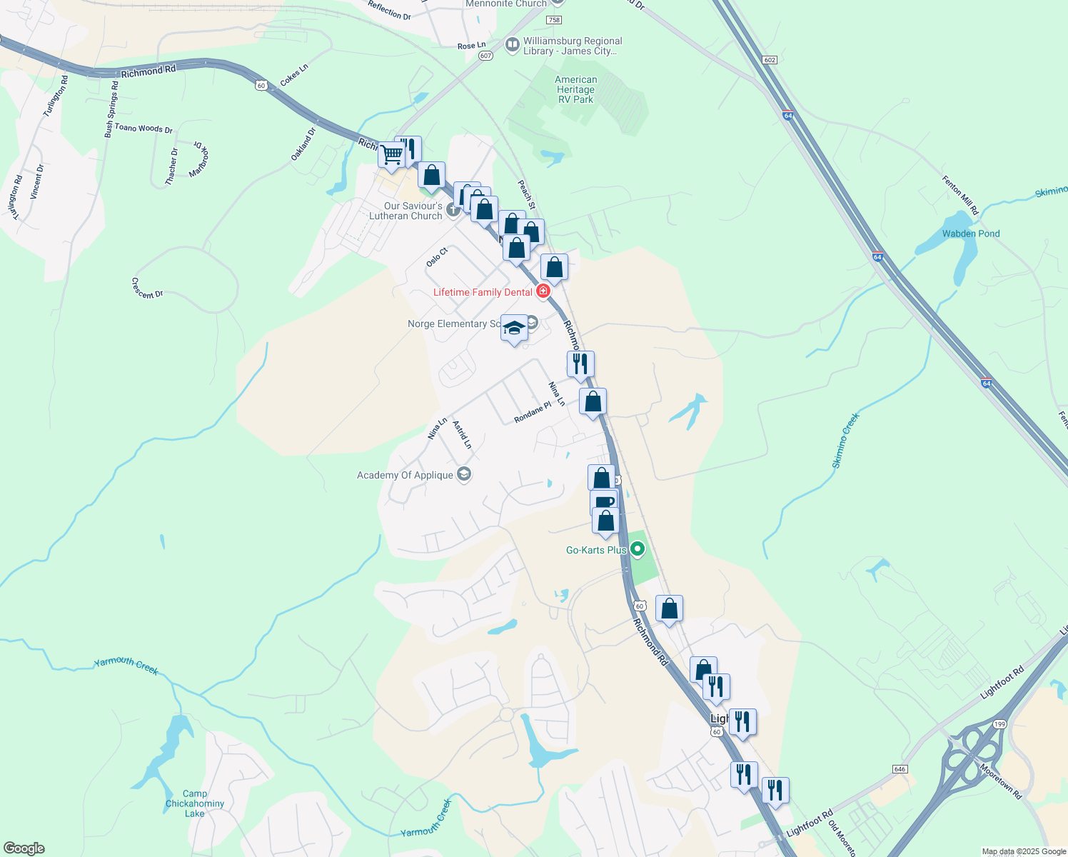 map of restaurants, bars, coffee shops, grocery stores, and more near 1101 Rustads Cir in Williamsburg