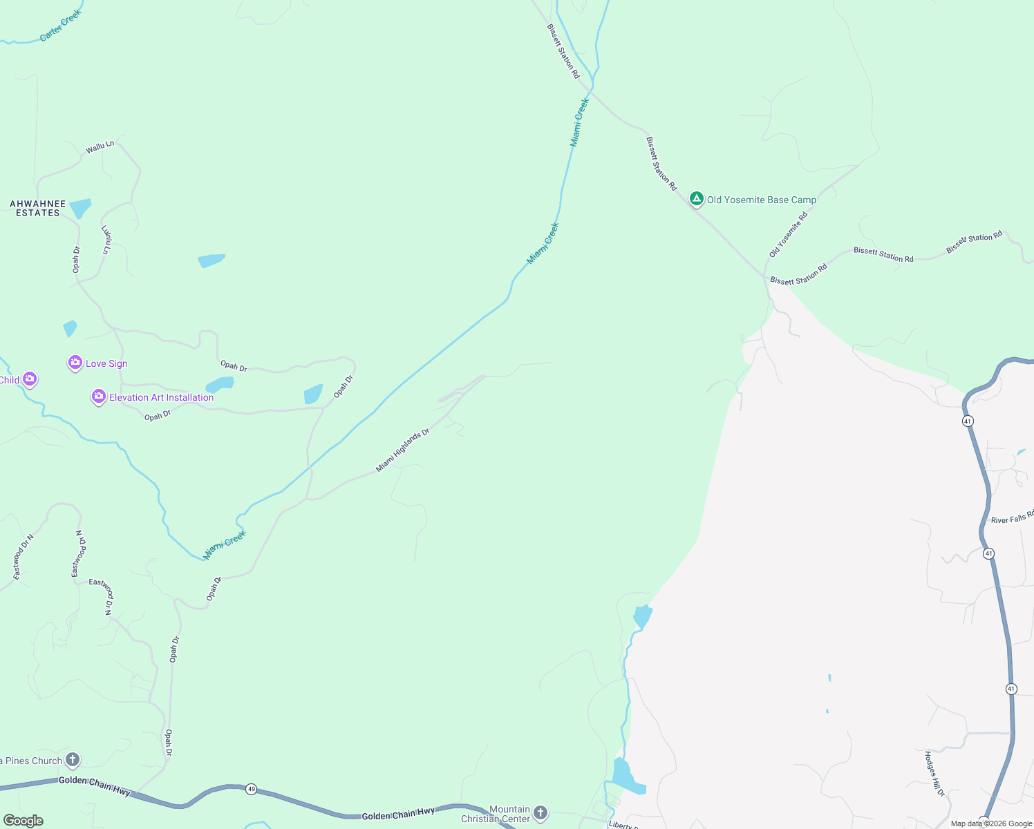 map of restaurants, bars, coffee shops, grocery stores, and more near Miami Highlands Drive in Oakhurst