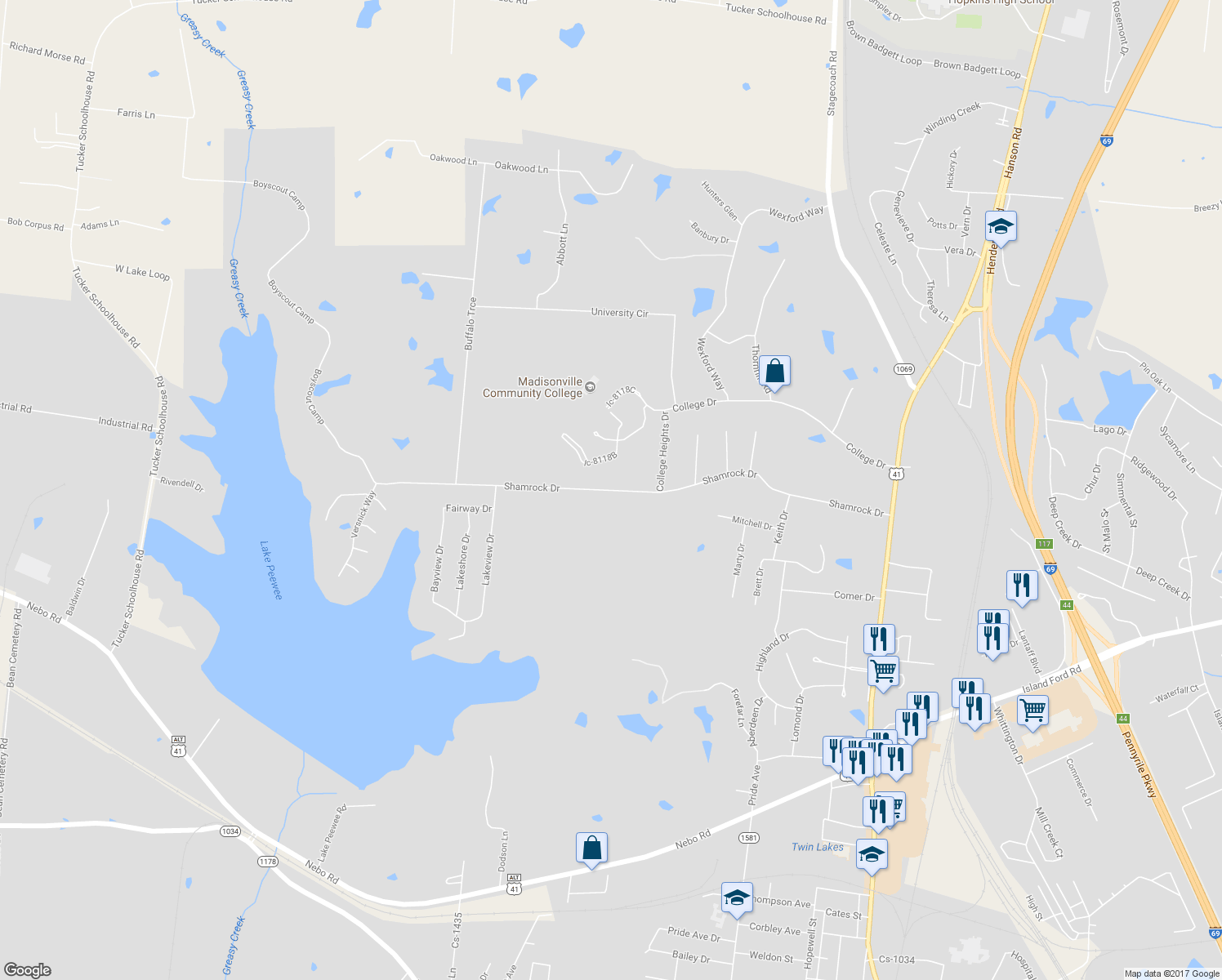 map of restaurants, bars, coffee shops, grocery stores, and more near 619 Shamrock Drive in Madisonville