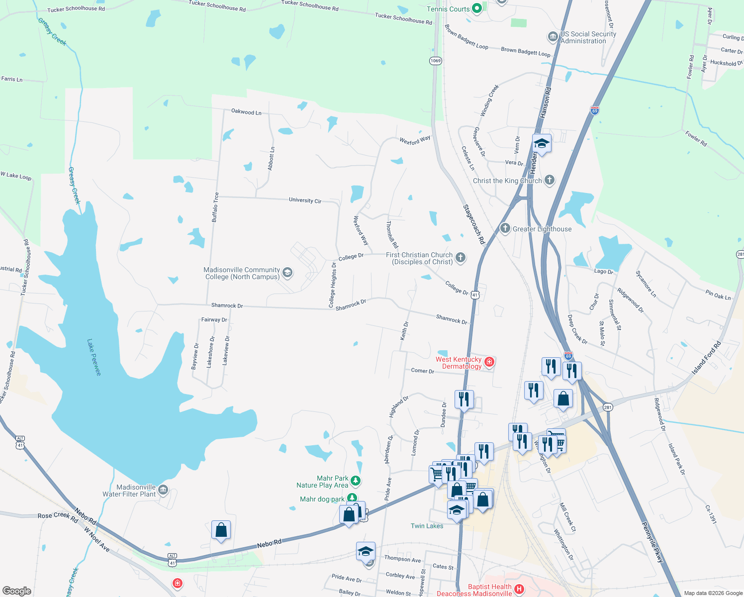 map of restaurants, bars, coffee shops, grocery stores, and more near 258 Shamrock Dr in Madisonville