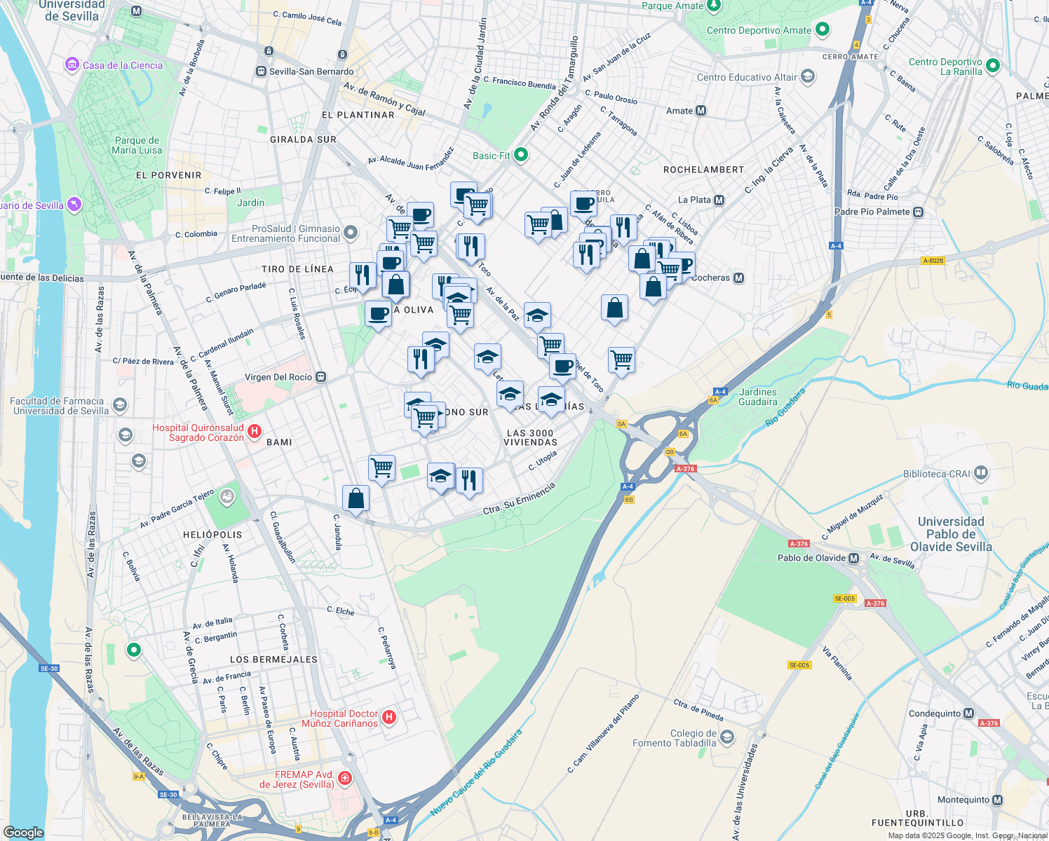 map of restaurants, bars, coffee shops, grocery stores, and more near 3 Calle Esclava del Señor in Sevilla
