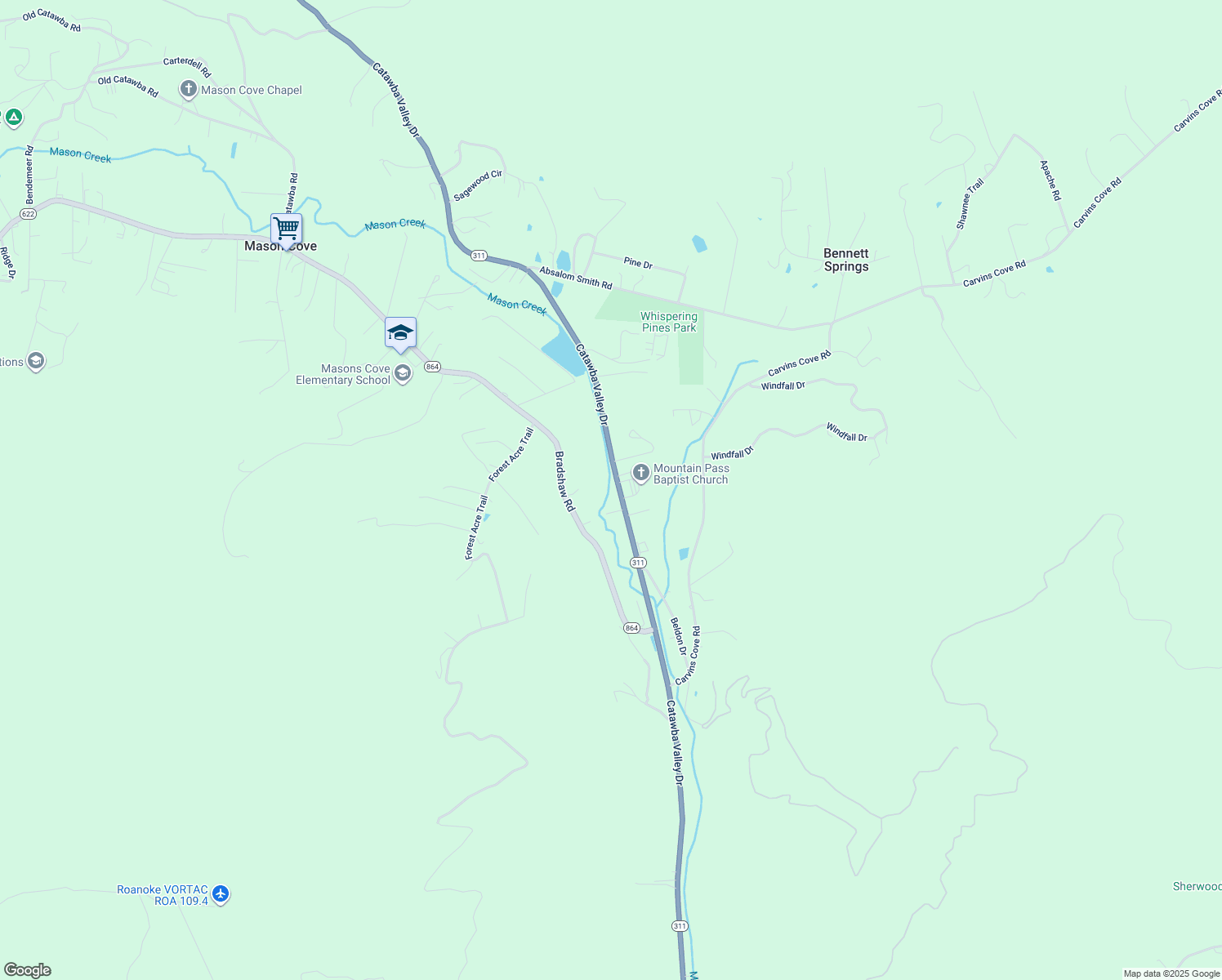 map of restaurants, bars, coffee shops, grocery stores, and more near 2974 Catawba Valley Drive in Salem