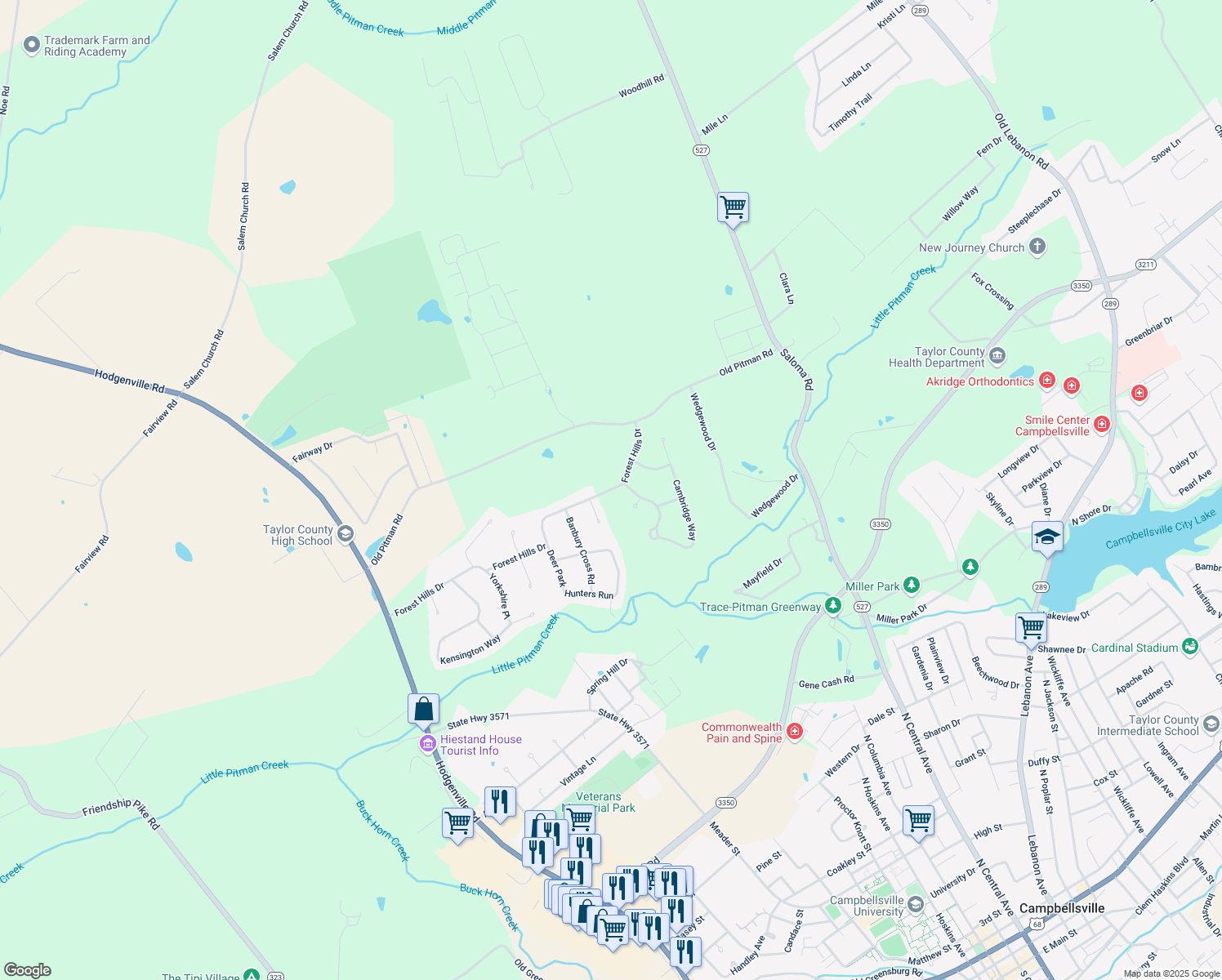 map of restaurants, bars, coffee shops, grocery stores, and more near 844 Forest Hills Dr in Campbellsville