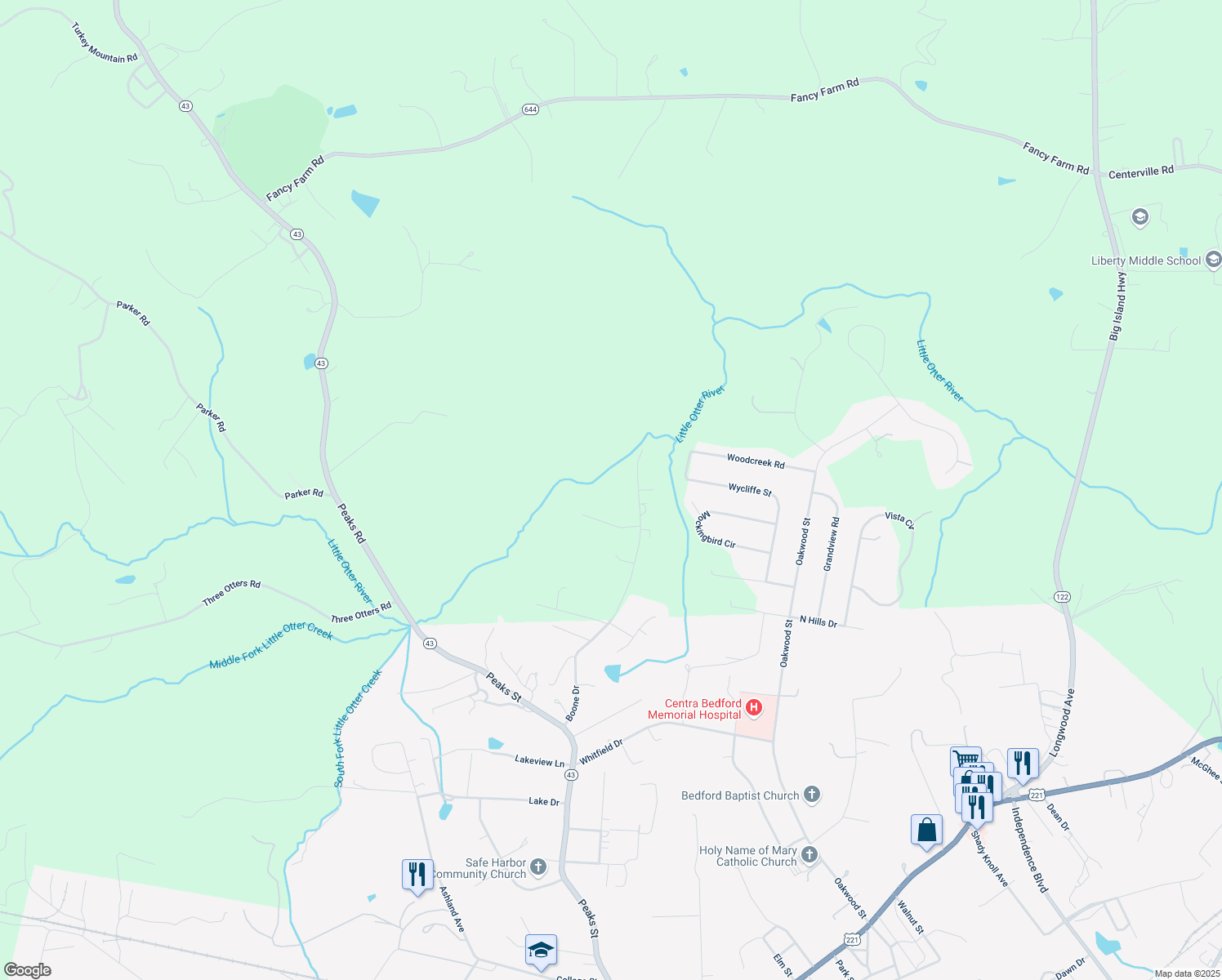 map of restaurants, bars, coffee shops, grocery stores, and more near 1507 High Acre Road in Bedford