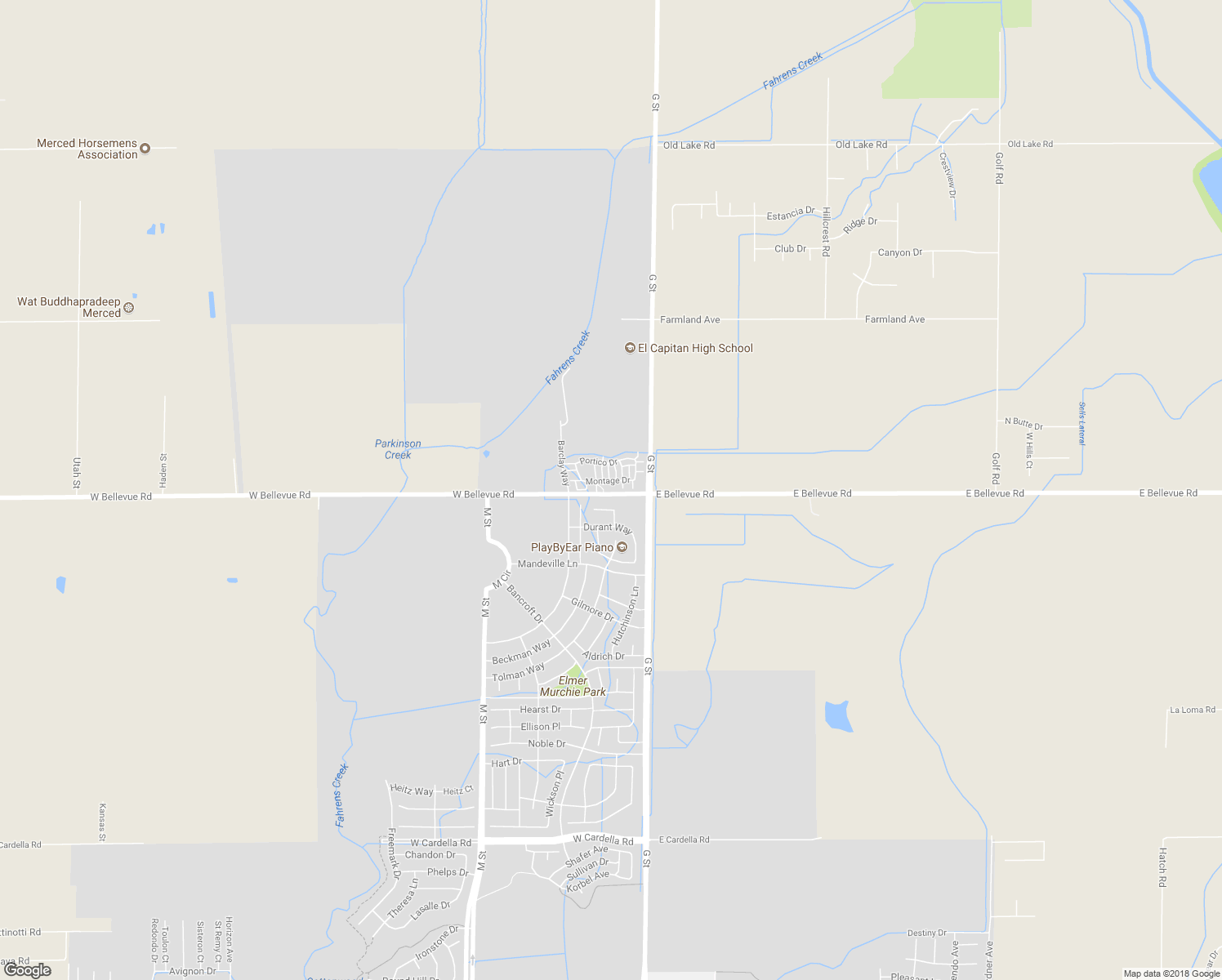 map of restaurants, bars, coffee shops, grocery stores, and more near 282 Montage Drive in Merced