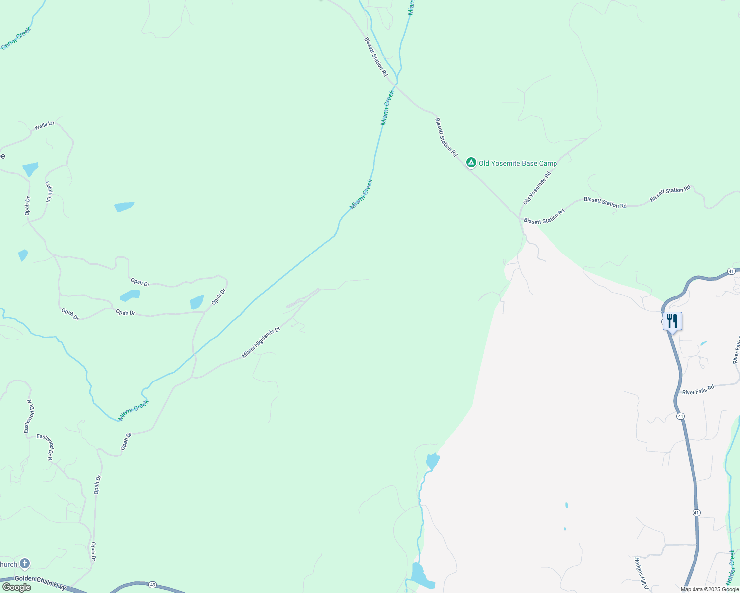 map of restaurants, bars, coffee shops, grocery stores, and more near 47998 Miami Highlands Drive in Oakhurst