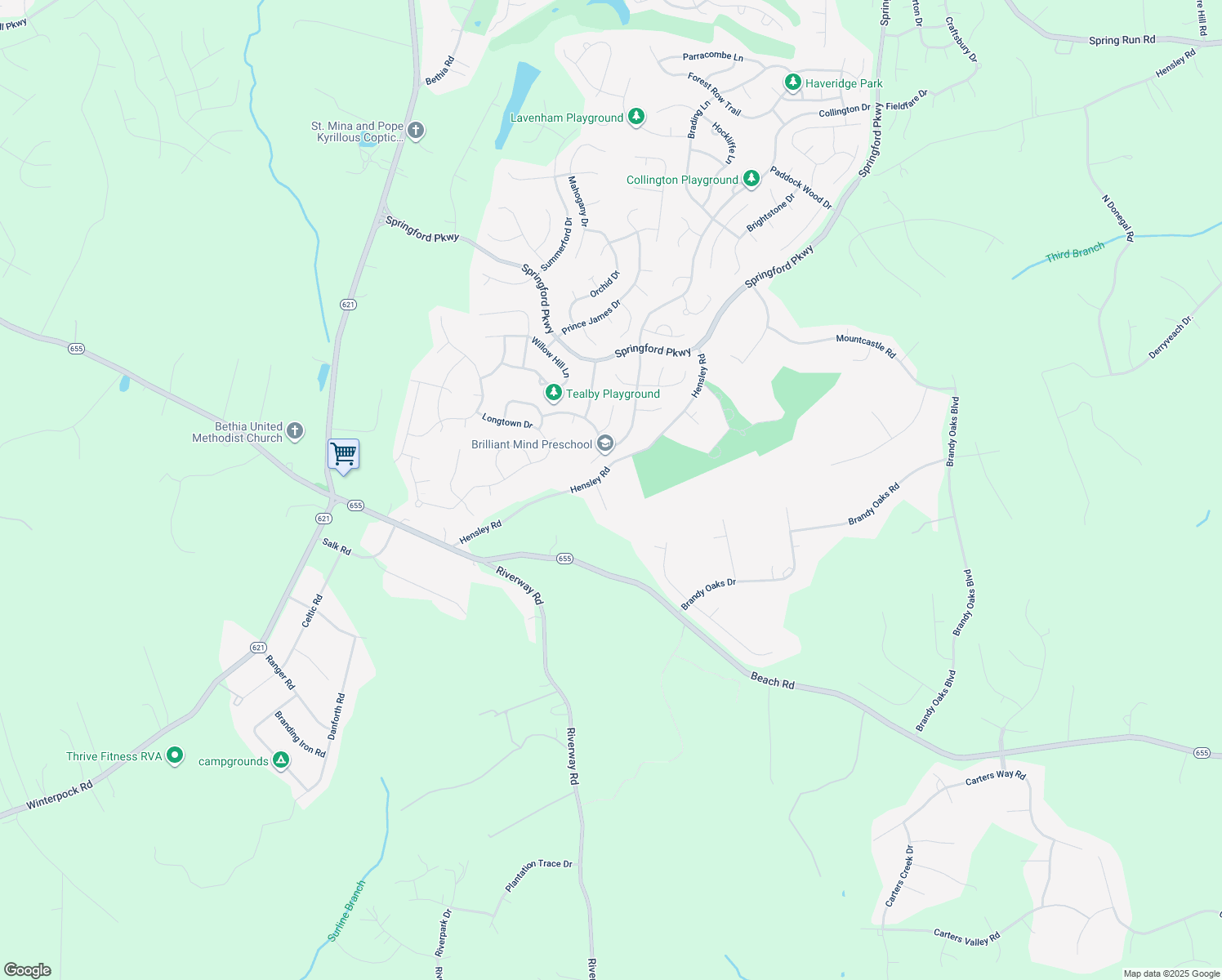 map of restaurants, bars, coffee shops, grocery stores, and more near 14018 Brandygrove Court in Chesterfield