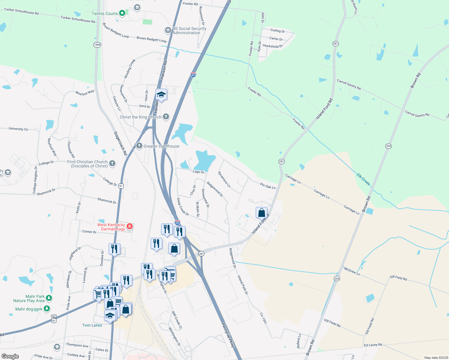 map of restaurants, bars, coffee shops, grocery stores, and more near 363 Sycamore Ln in Madisonville