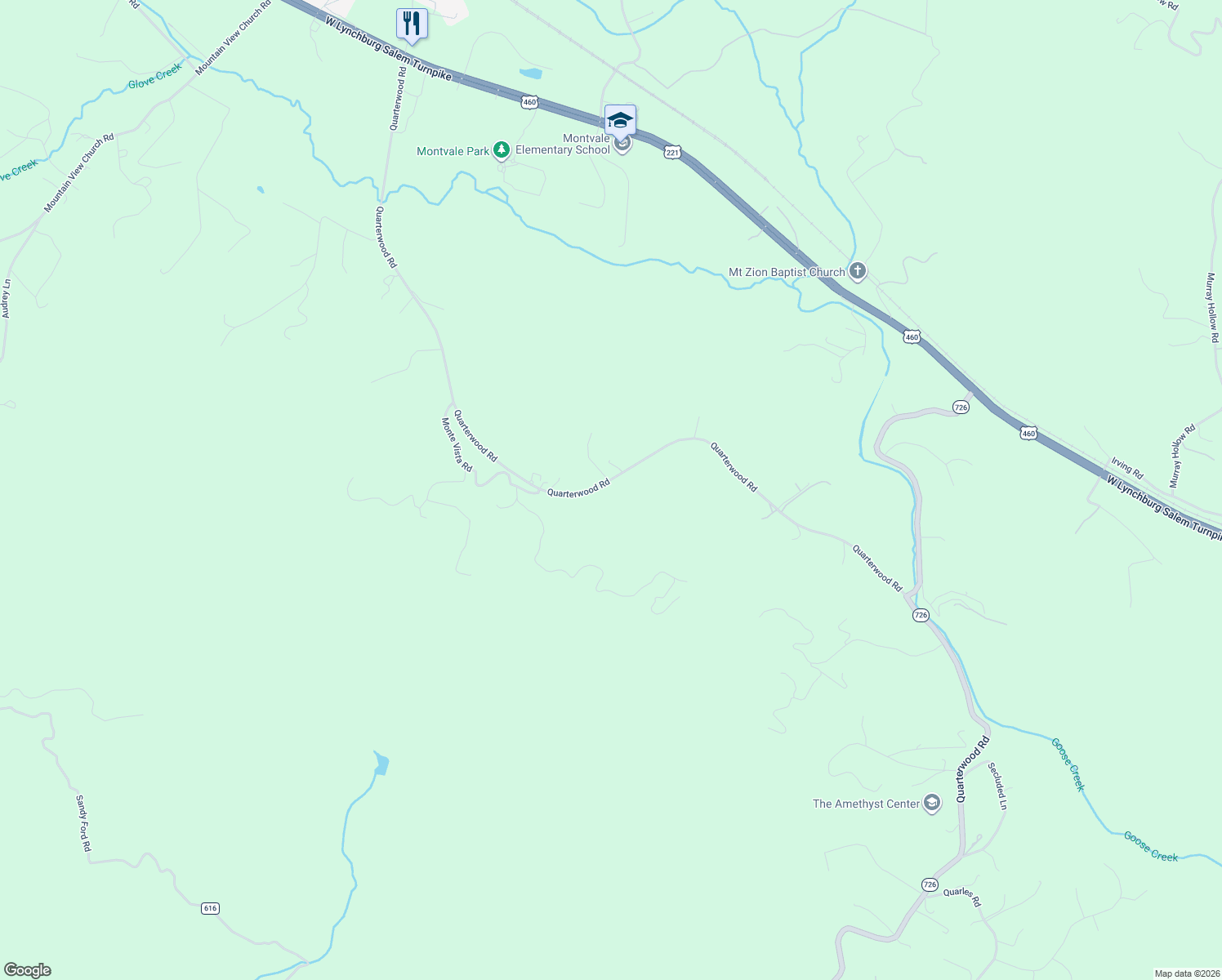 map of restaurants, bars, coffee shops, grocery stores, and more near 2534-2570 Quarterwood Road in Thaxton