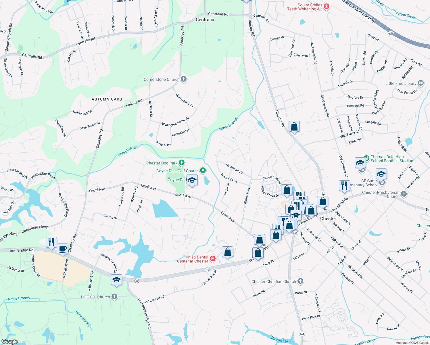 map of restaurants, bars, coffee shops, grocery stores, and more near 4931 Empire Pkwy in Chester