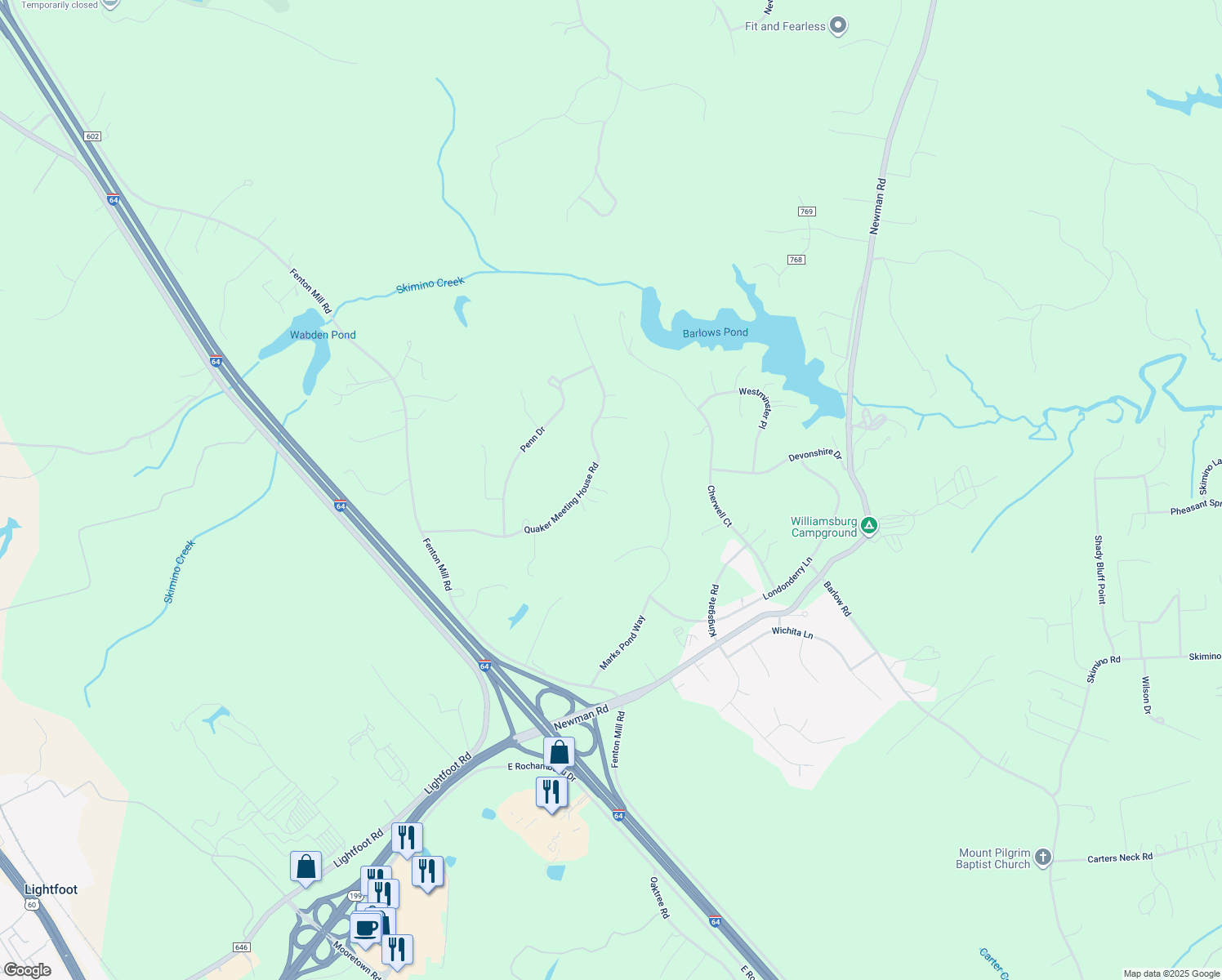 map of restaurants, bars, coffee shops, grocery stores, and more near 125 Route 1601 in Williamsburg