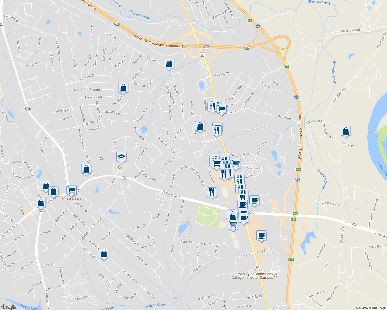 map of restaurants, bars, coffee shops, grocery stores, and more near 12137 Perdue Springs Loop in Chester