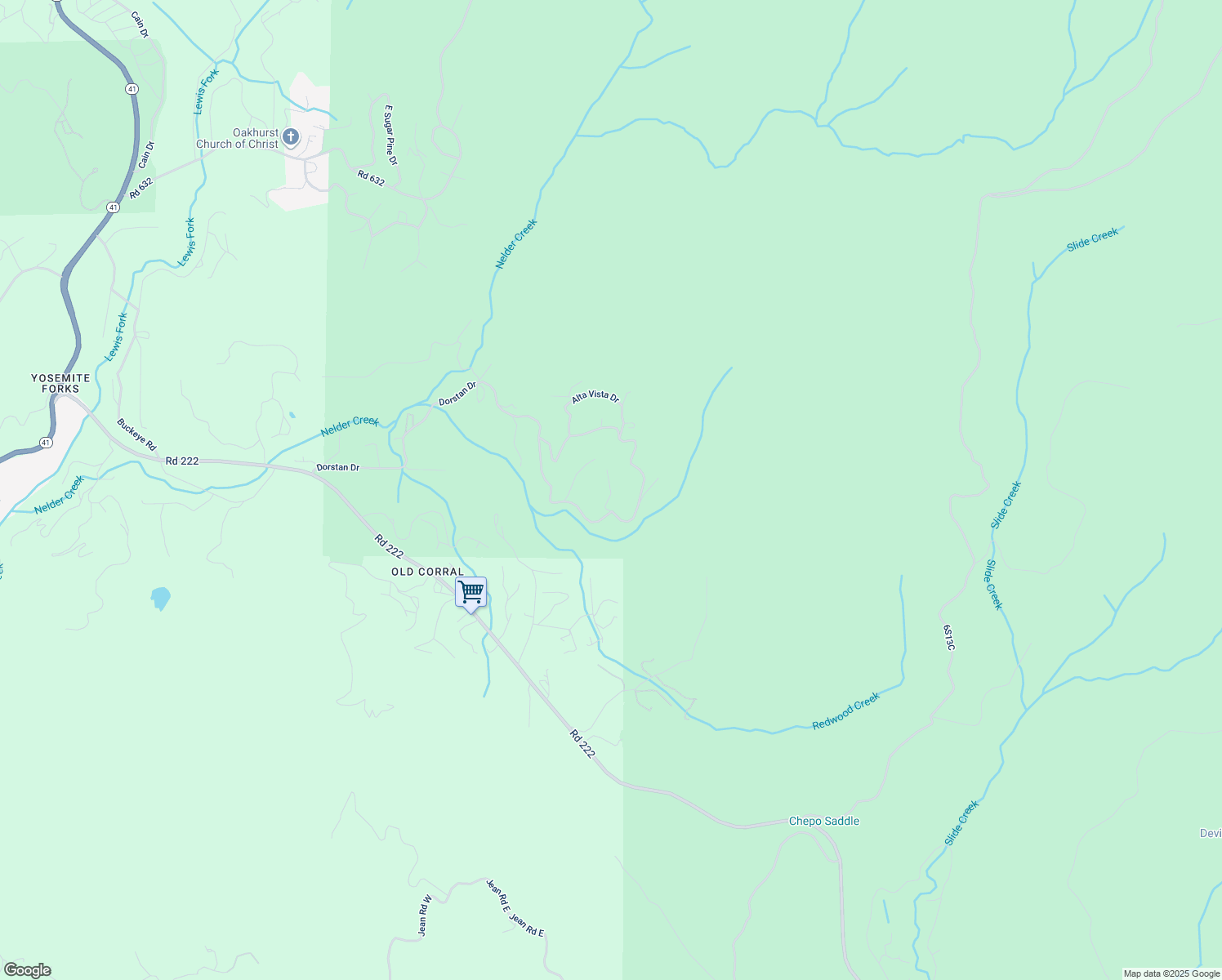 map of restaurants, bars, coffee shops, grocery stores, and more near Oak Lane in Oakhurst