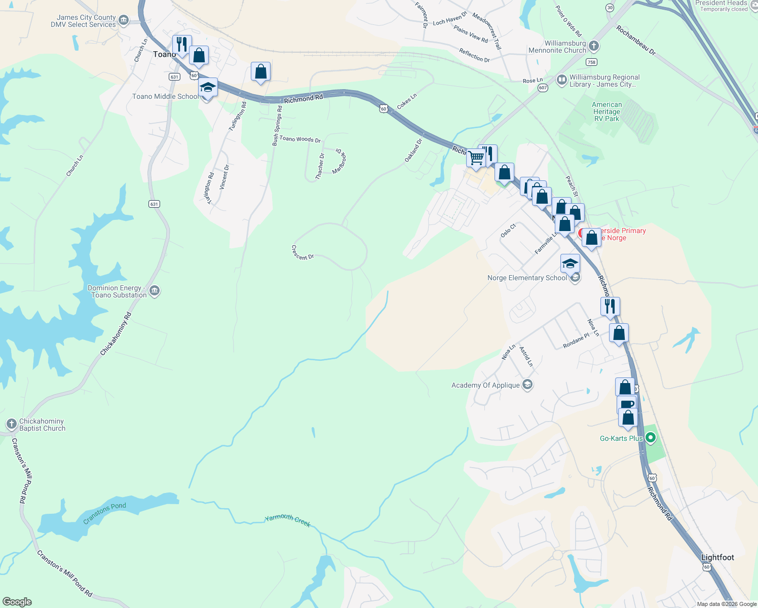 map of restaurants, bars, coffee shops, grocery stores, and more near 104 Woodmont Place in Williamsburg