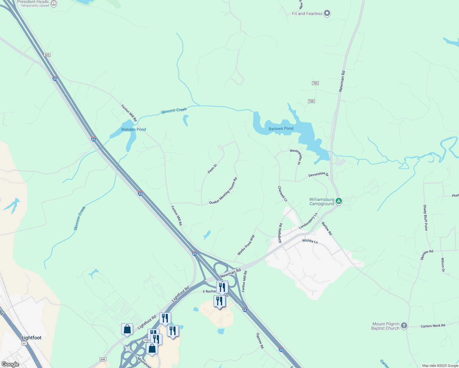 map of restaurants, bars, coffee shops, grocery stores, and more near 118 Route 1601 in Williamsburg