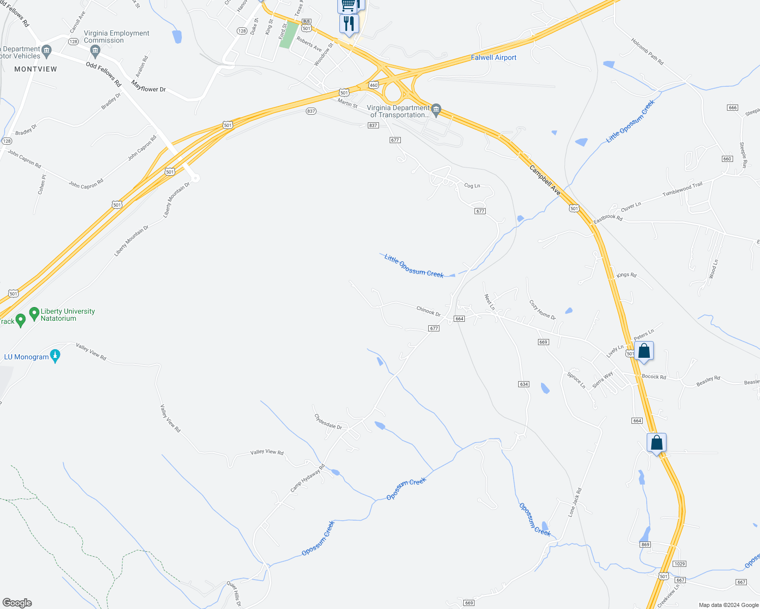 map of restaurants, bars, coffee shops, grocery stores, and more near 295 Chinook Drive in Lynchburg