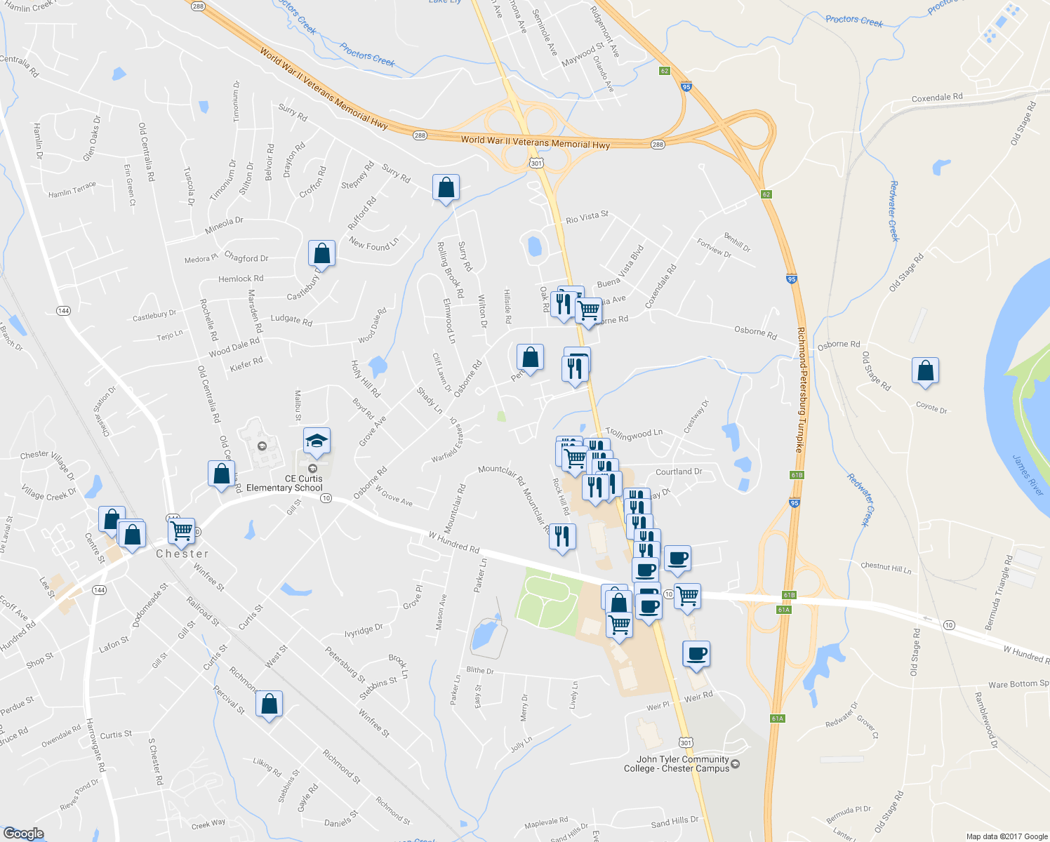 map of restaurants, bars, coffee shops, grocery stores, and more near 3106 Perdue Springs Lane in Chester