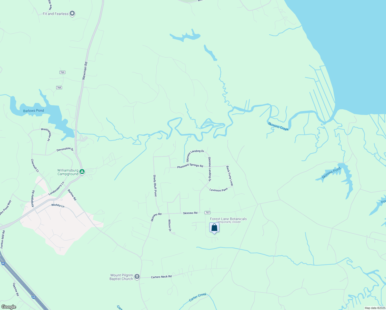 map of restaurants, bars, coffee shops, grocery stores, and more near 403 Skimino Landing Drive in Williamsburg