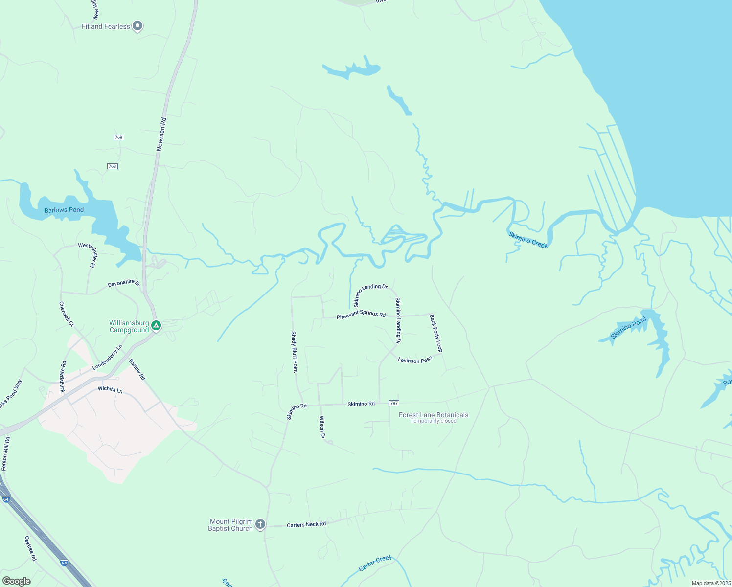 map of restaurants, bars, coffee shops, grocery stores, and more near 403 Skimino Landing Drive in Williamsburg