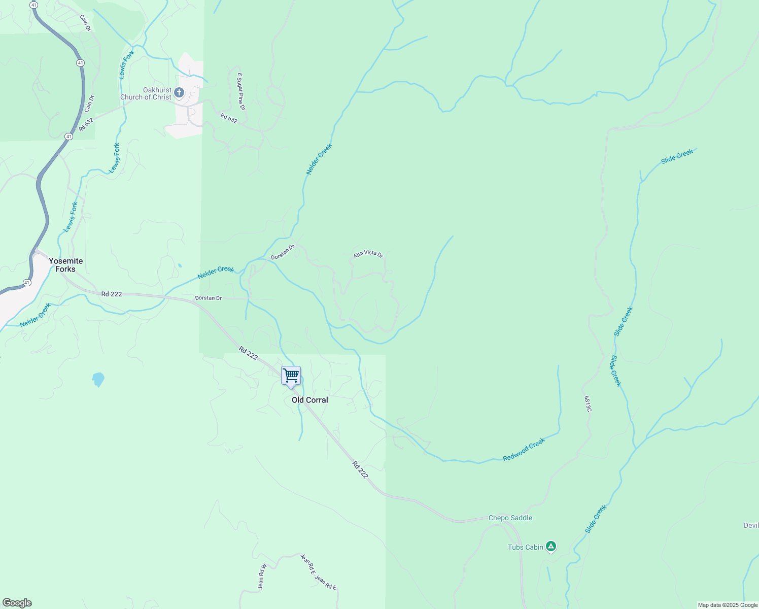 map of restaurants, bars, coffee shops, grocery stores, and more near 42203 Oak Lane in Oakhurst