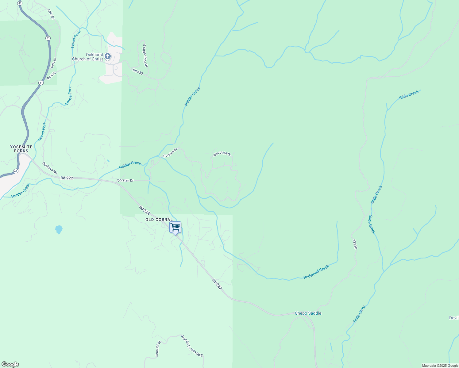 map of restaurants, bars, coffee shops, grocery stores, and more near 42203 Oak Lane in Oakhurst