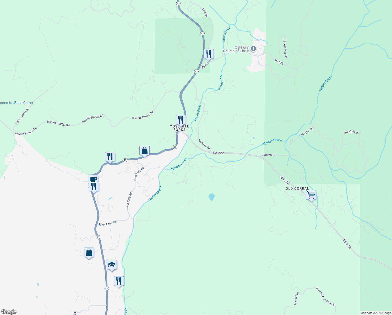 map of restaurants, bars, coffee shops, grocery stores, and more near 50344 Hidden Falls Road in Oakhurst