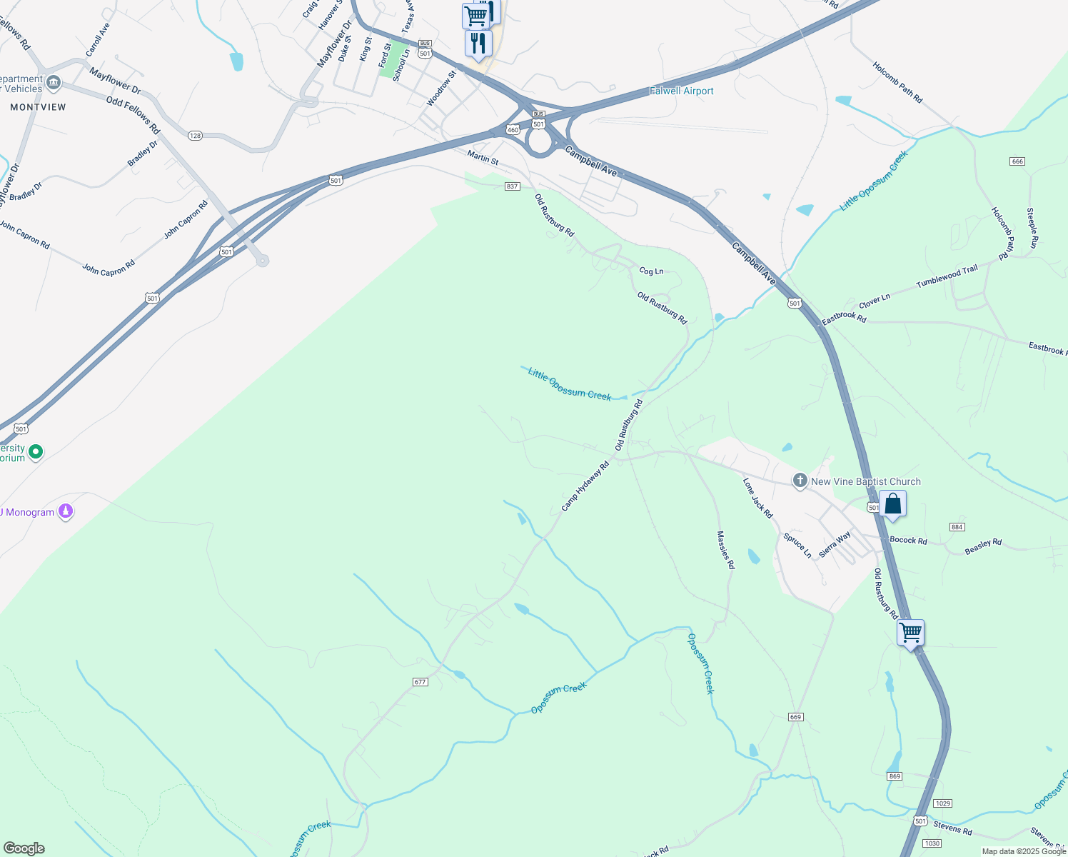 map of restaurants, bars, coffee shops, grocery stores, and more near 295 Chinook Drive in Lynchburg