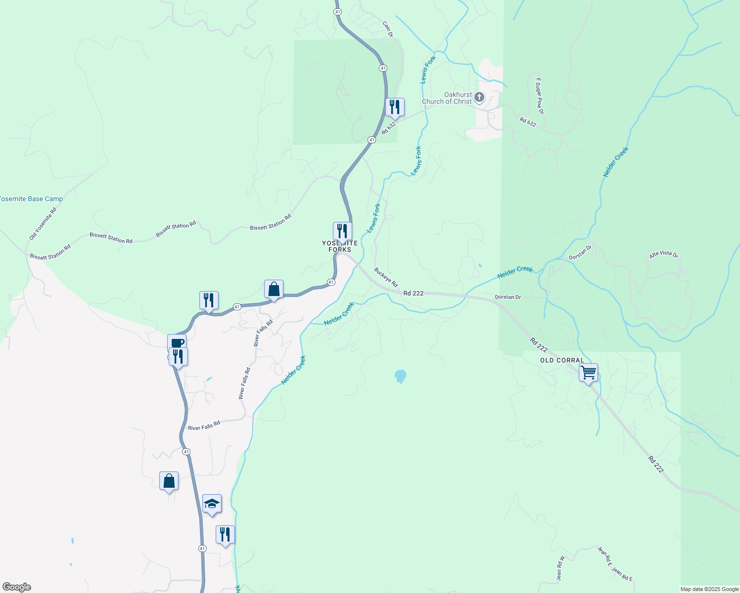 map of restaurants, bars, coffee shops, grocery stores, and more near 50344 Hidden Falls Road in Oakhurst