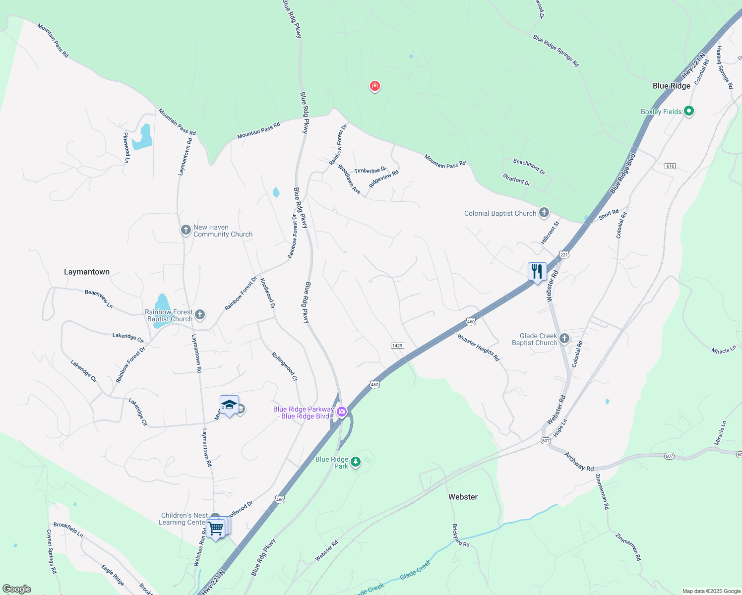map of restaurants, bars, coffee shops, grocery stores, and more near 360 Heritage Drive in Blue Ridge