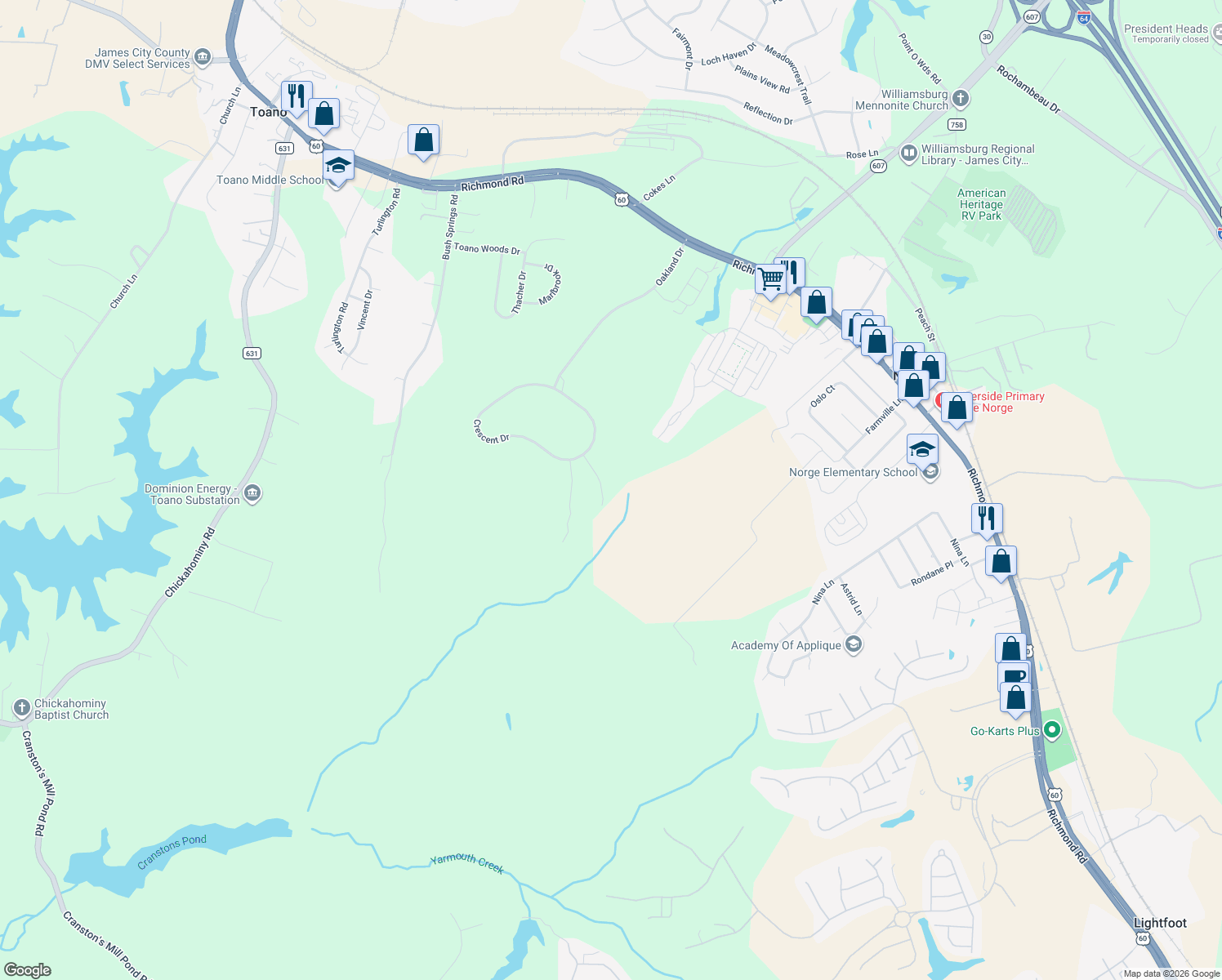 map of restaurants, bars, coffee shops, grocery stores, and more near 104 Woodmont Place in Williamsburg