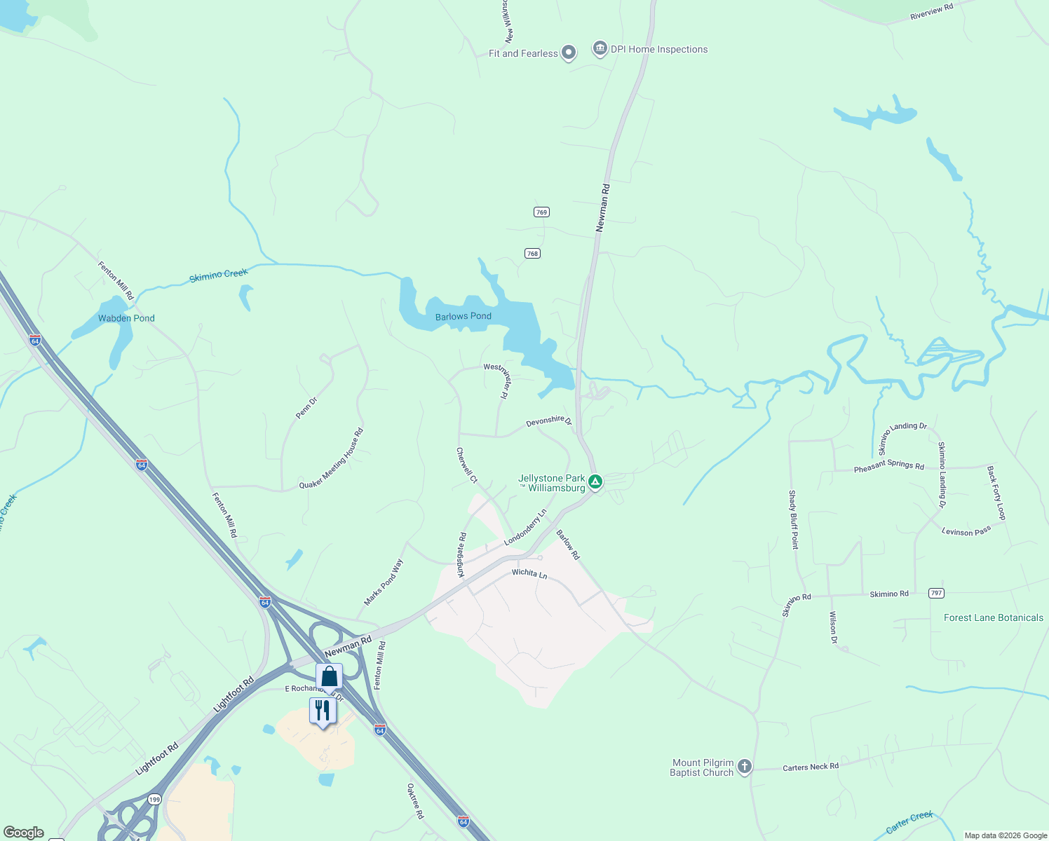 map of restaurants, bars, coffee shops, grocery stores, and more near 122 Devonshire Drive in Williamsburg
