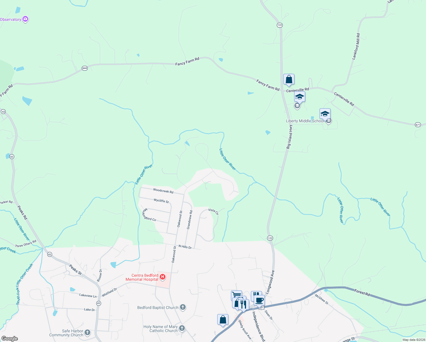 map of restaurants, bars, coffee shops, grocery stores, and more near 1899 Oakwood Street in Bedford