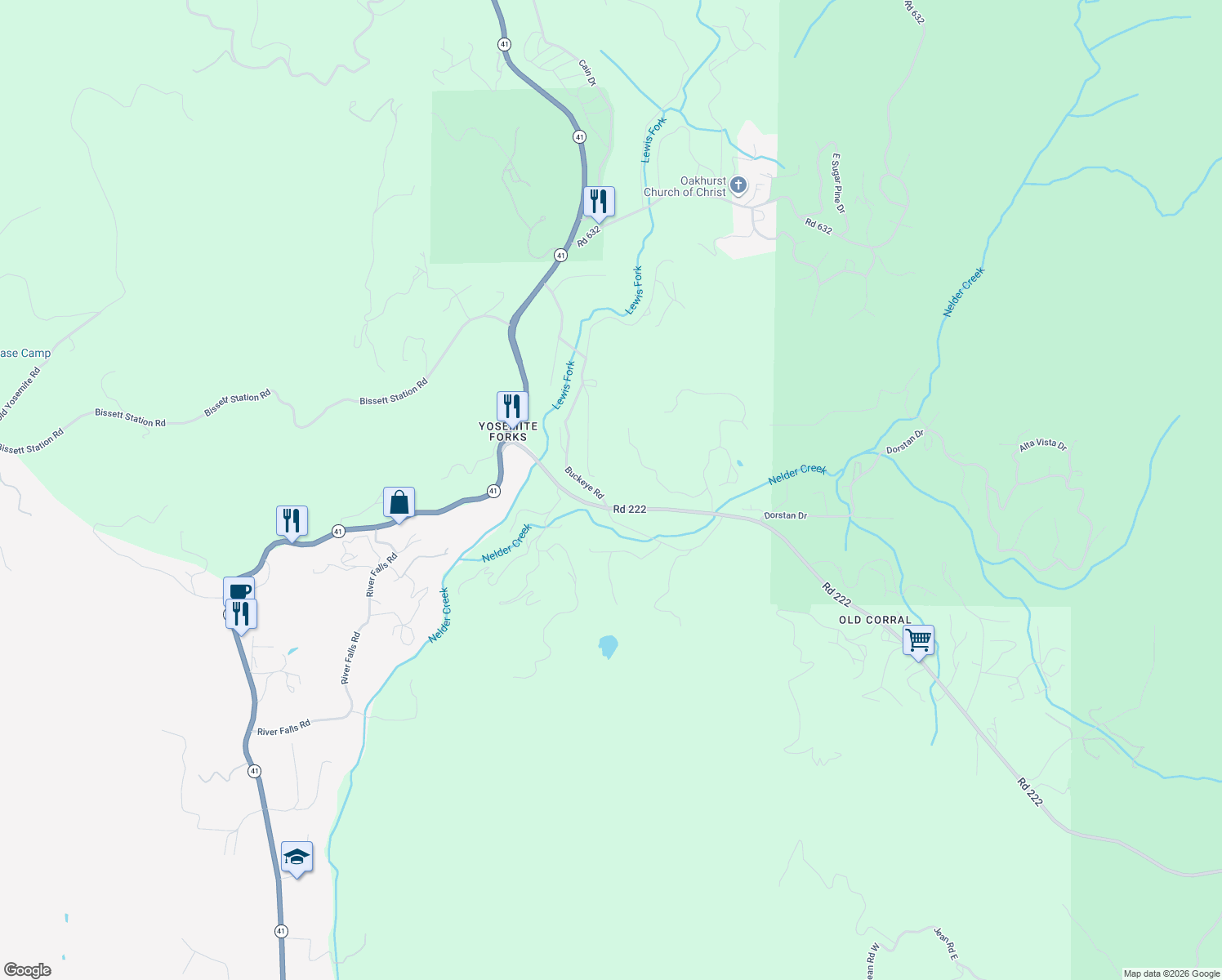 map of restaurants, bars, coffee shops, grocery stores, and more near 42275 Buckeye Road in Oakhurst