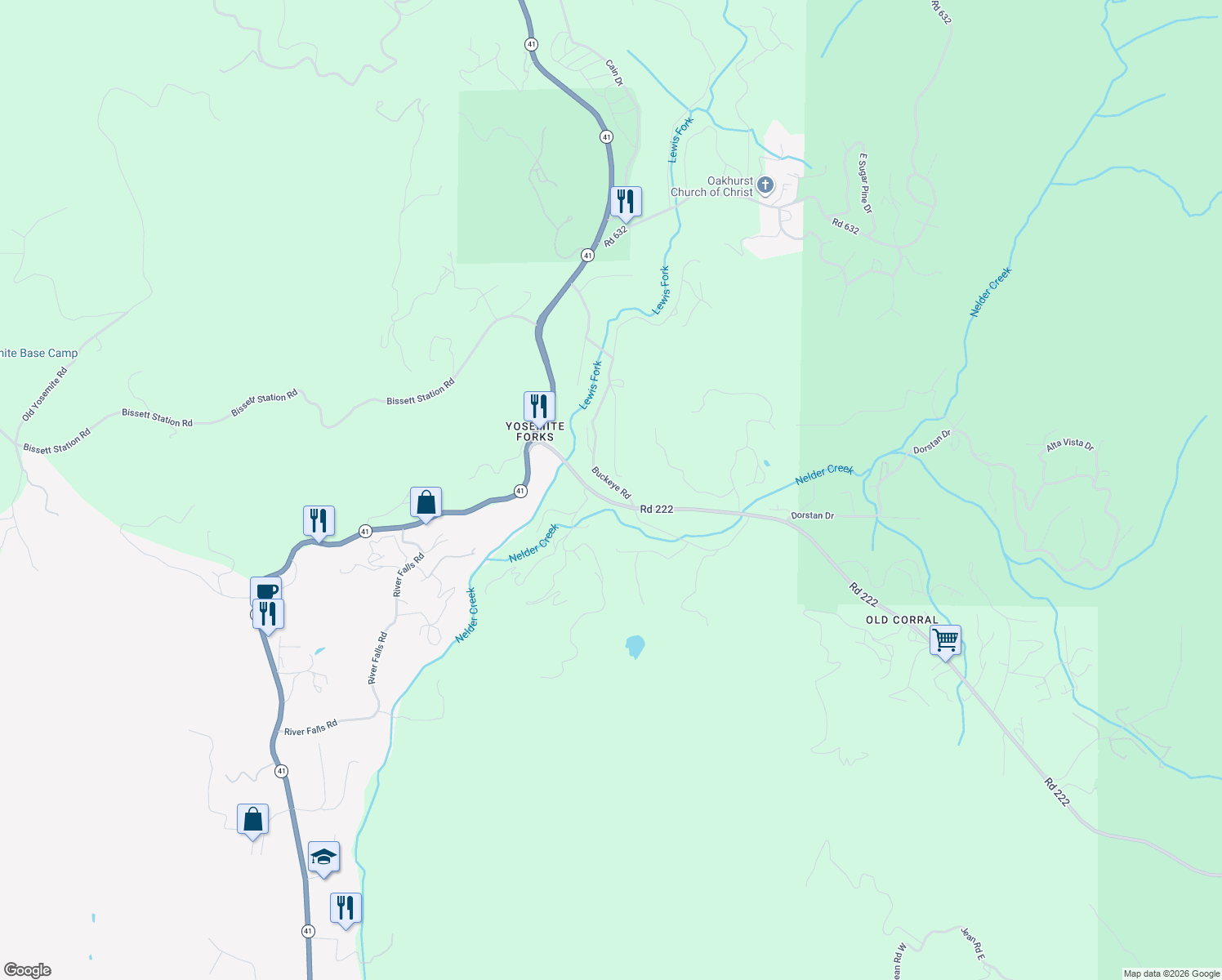 map of restaurants, bars, coffee shops, grocery stores, and more near 42340 Buckeye Road in Oakhurst