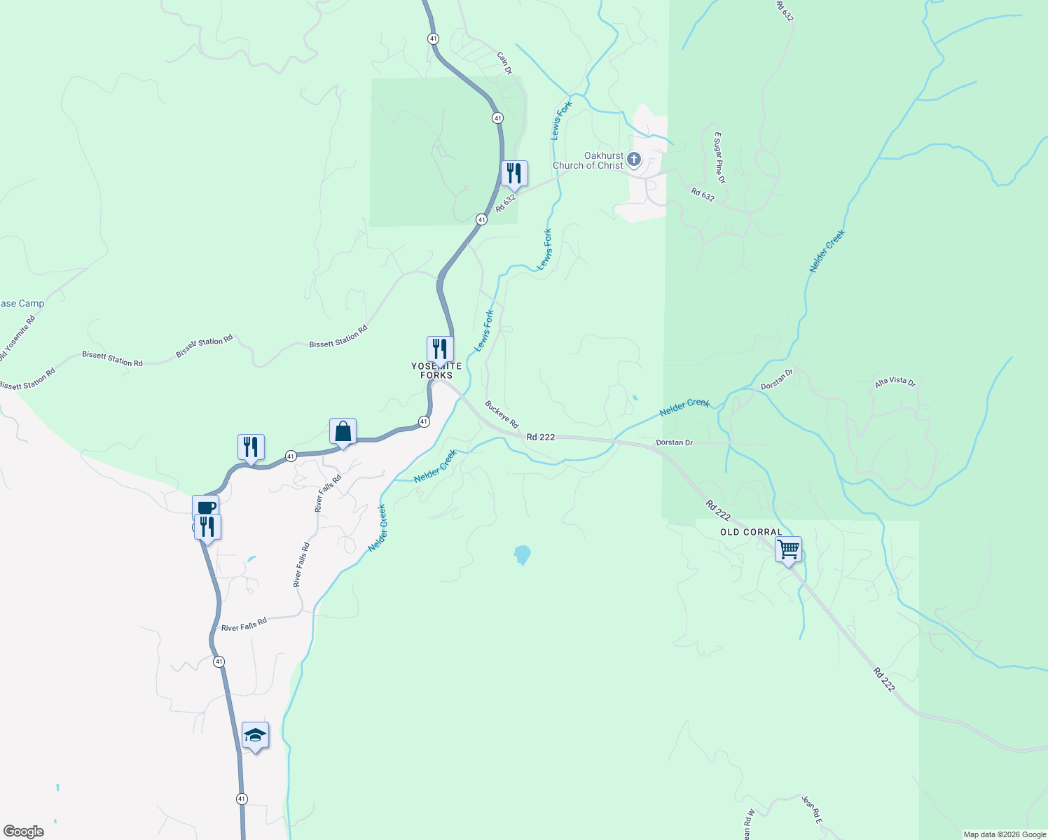map of restaurants, bars, coffee shops, grocery stores, and more near 42275 Buckeye Road in Oakhurst