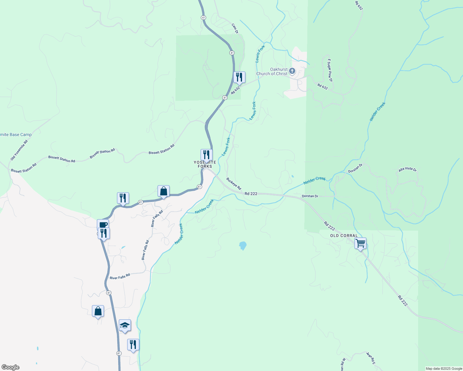 map of restaurants, bars, coffee shops, grocery stores, and more near 42340 Buckeye Road in Oakhurst