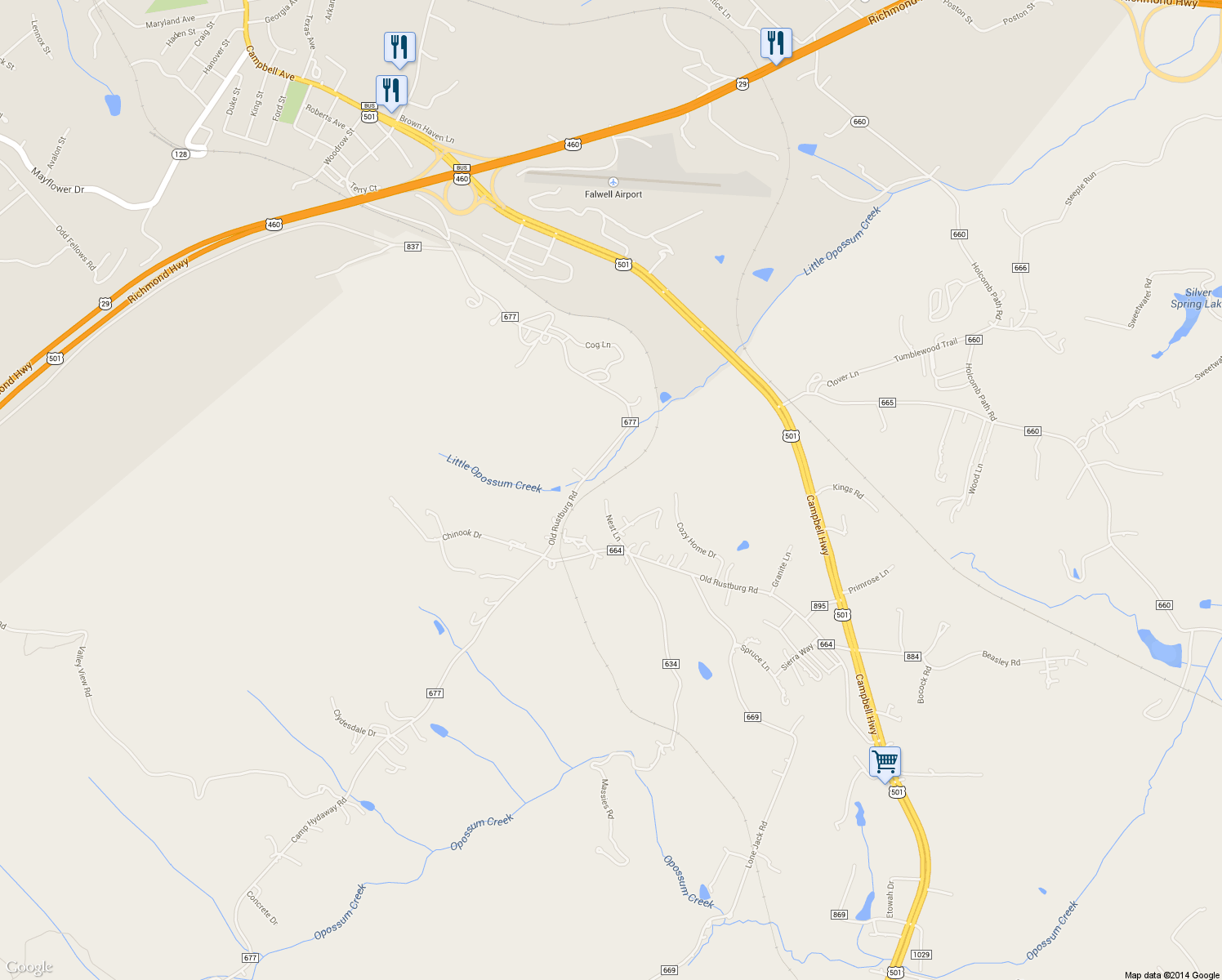 map of restaurants, bars, coffee shops, grocery stores, and more near 171 Nest Lane in Lynchburg