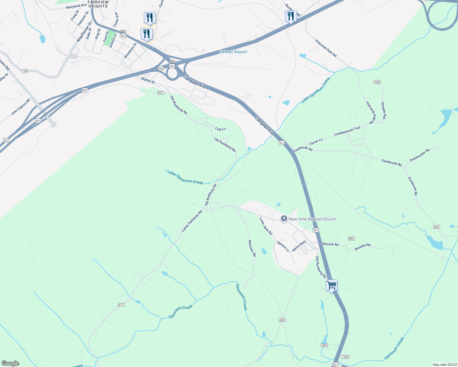 map of restaurants, bars, coffee shops, grocery stores, and more near 171 Nest Lane in Lynchburg