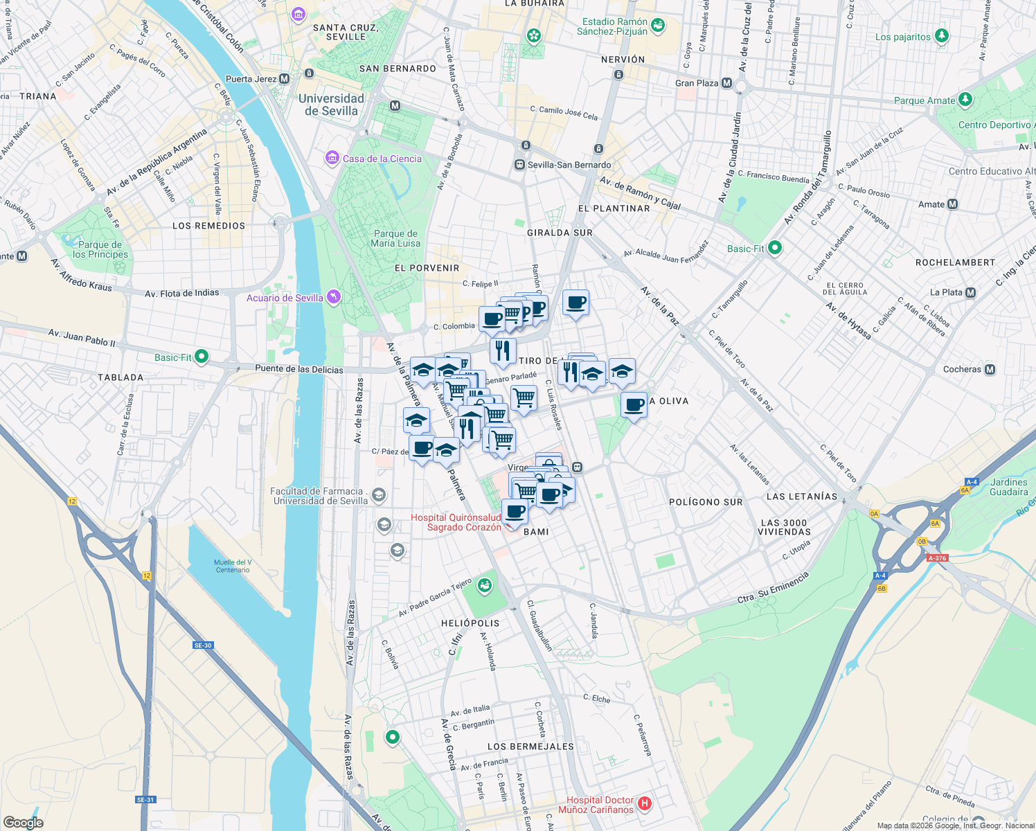 map of restaurants, bars, coffee shops, grocery stores, and more near Calle Antonio Maura Montaner in Sevilla