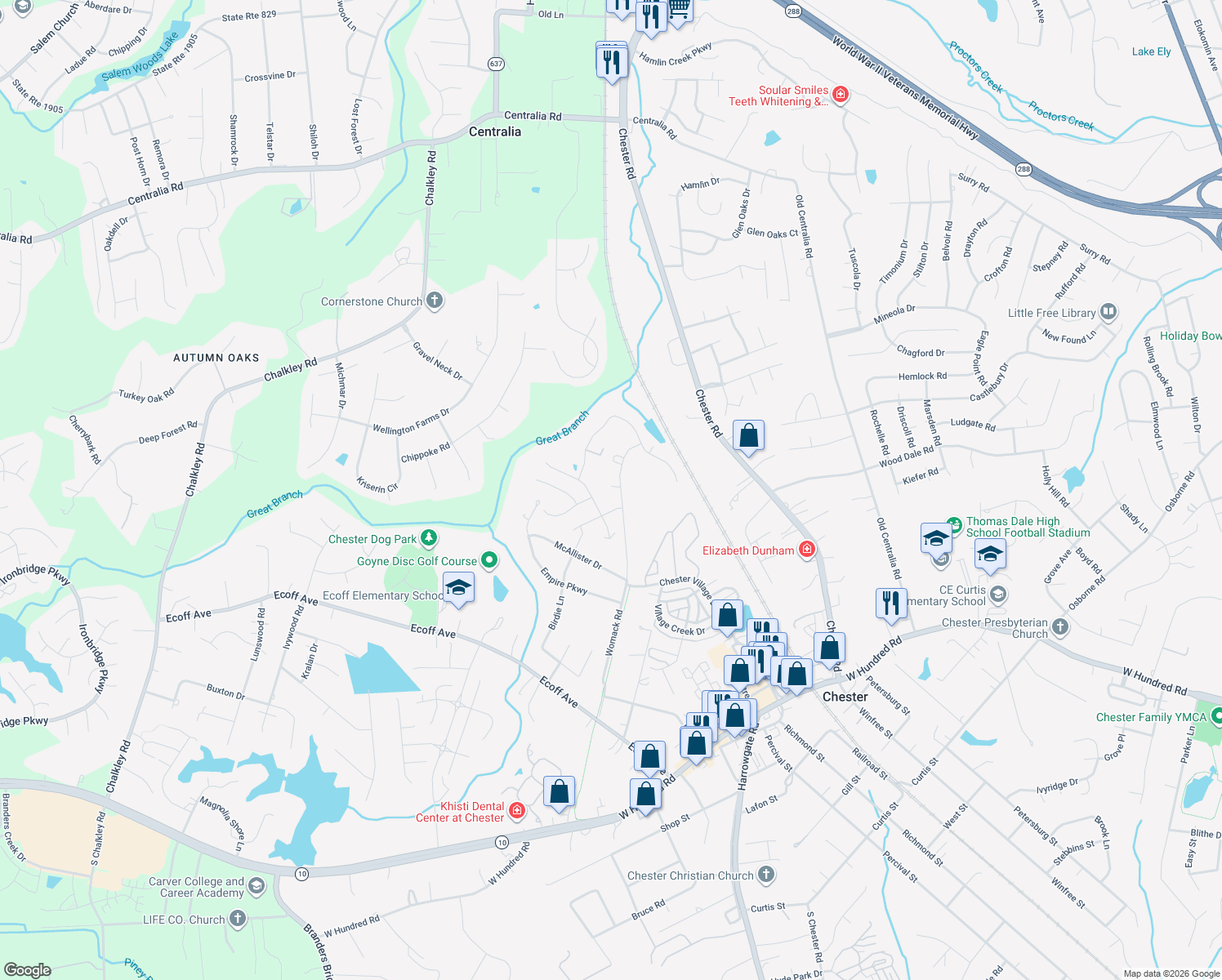 map of restaurants, bars, coffee shops, grocery stores, and more near 11508 Womack Rd in Chester