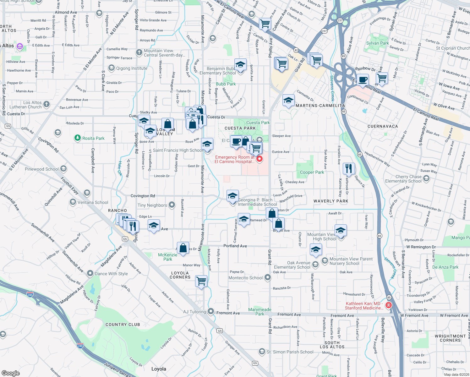map of restaurants, bars, coffee shops, grocery stores, and more near 955 Hayman Place in Los Altos