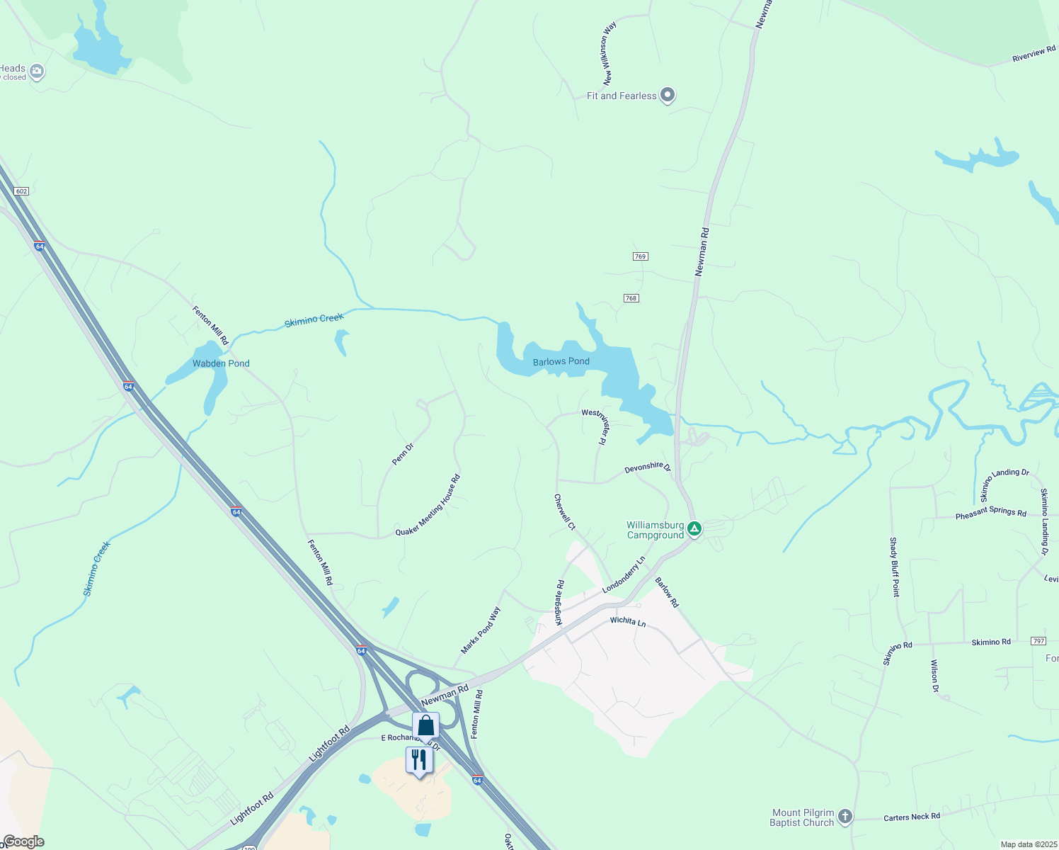 map of restaurants, bars, coffee shops, grocery stores, and more near 215 Cherwell Court in Williamsburg