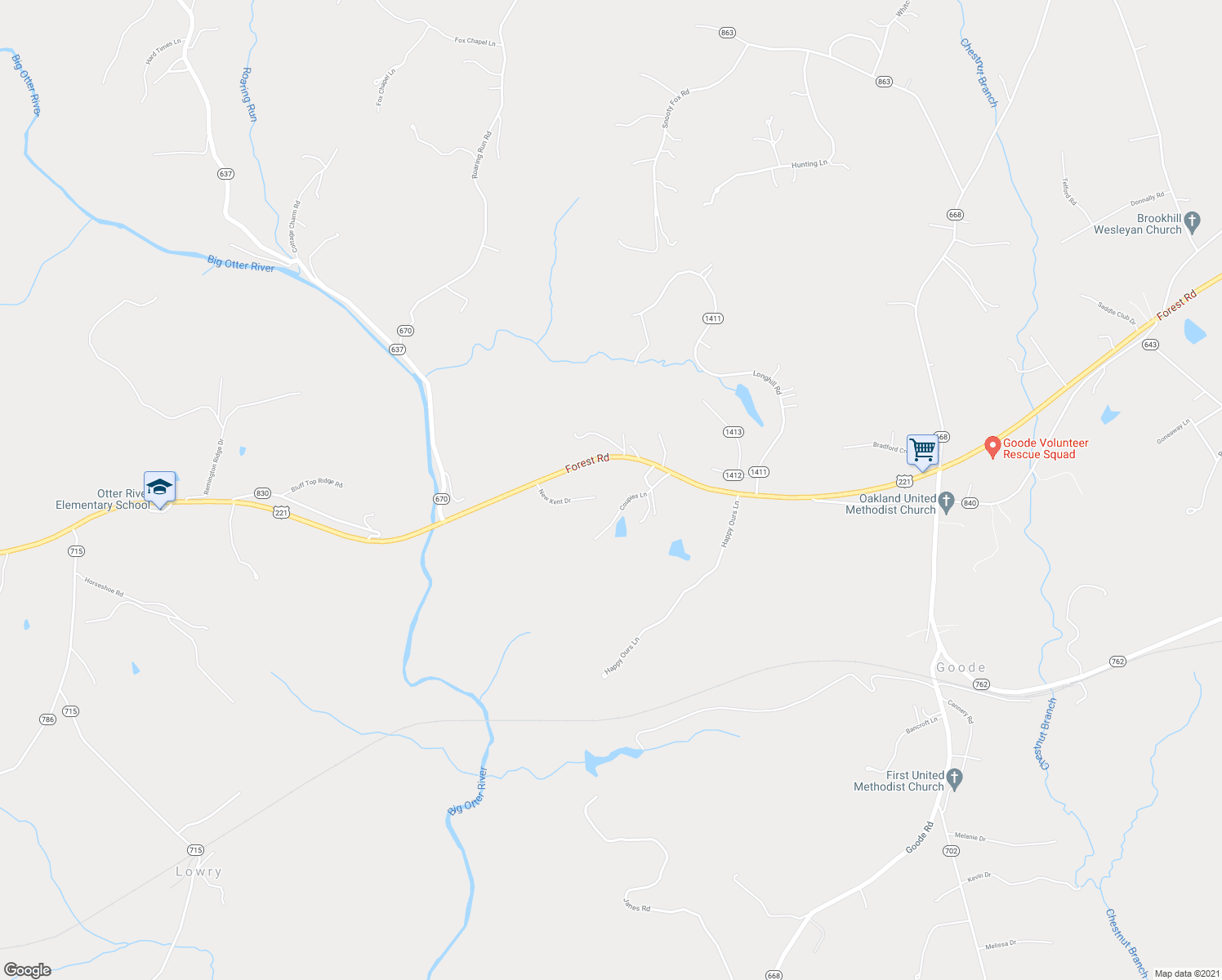 map of restaurants, bars, coffee shops, grocery stores, and more near 112 New Kent Drive in Goode