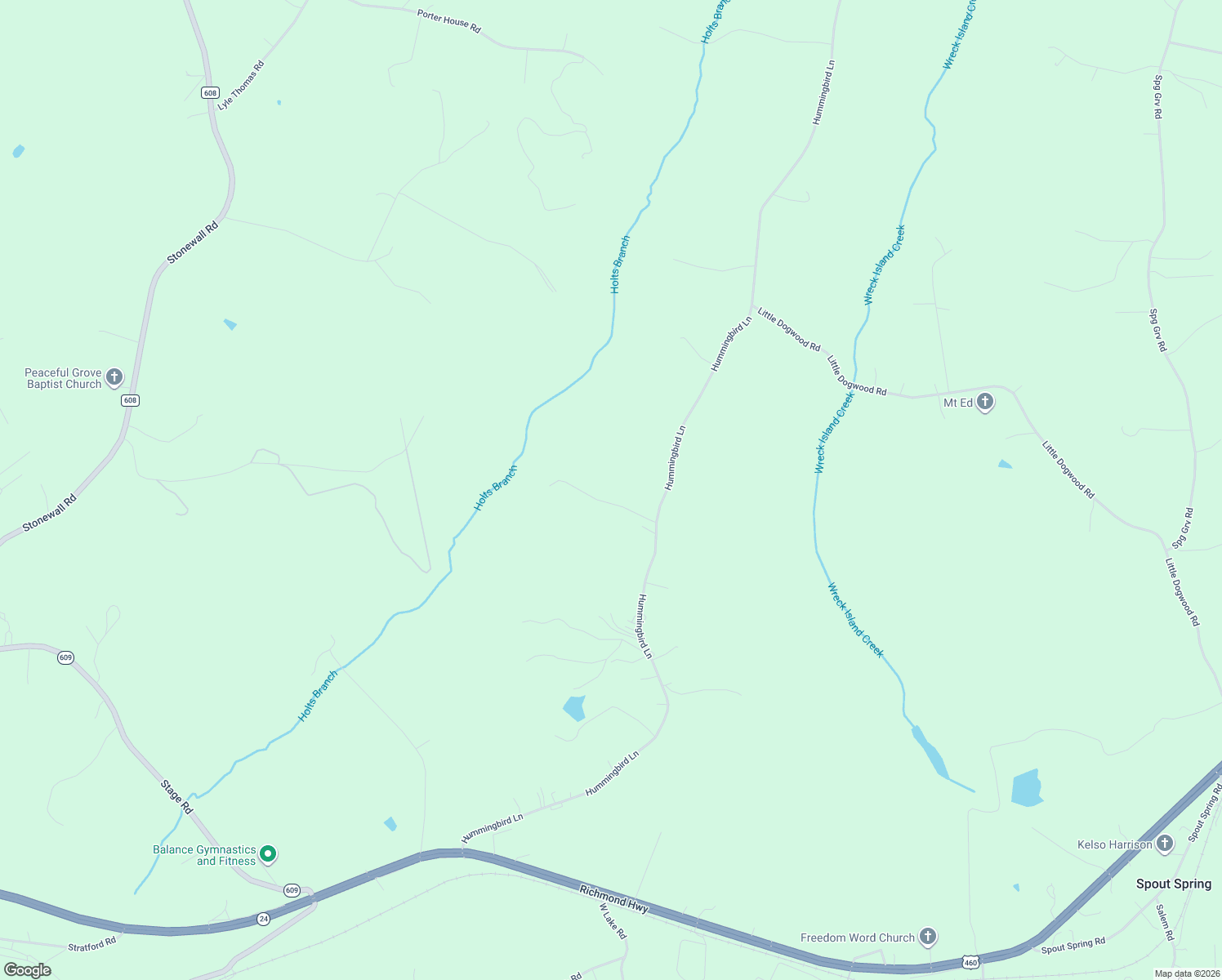 map of restaurants, bars, coffee shops, grocery stores, and more near 1499 Hummingbird Lane in Spout Spring