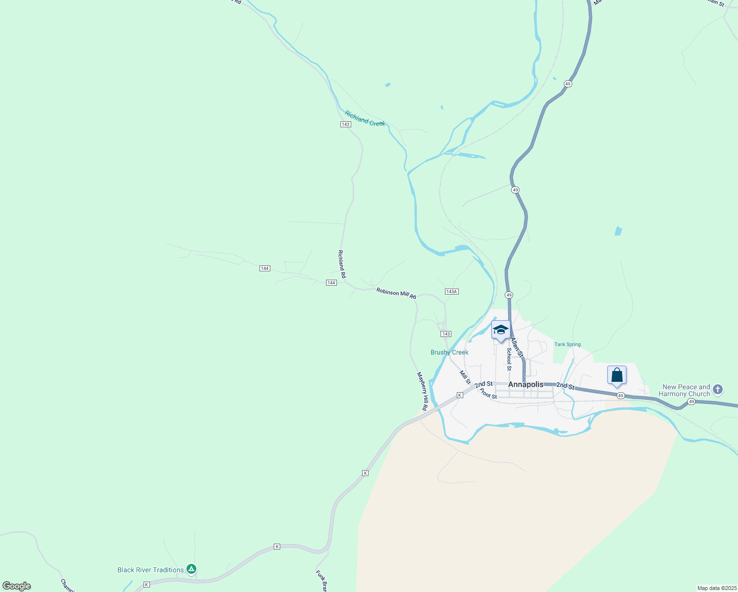 map of restaurants, bars, coffee shops, grocery stores, and more near 801 County Road 143 in Annapolis
