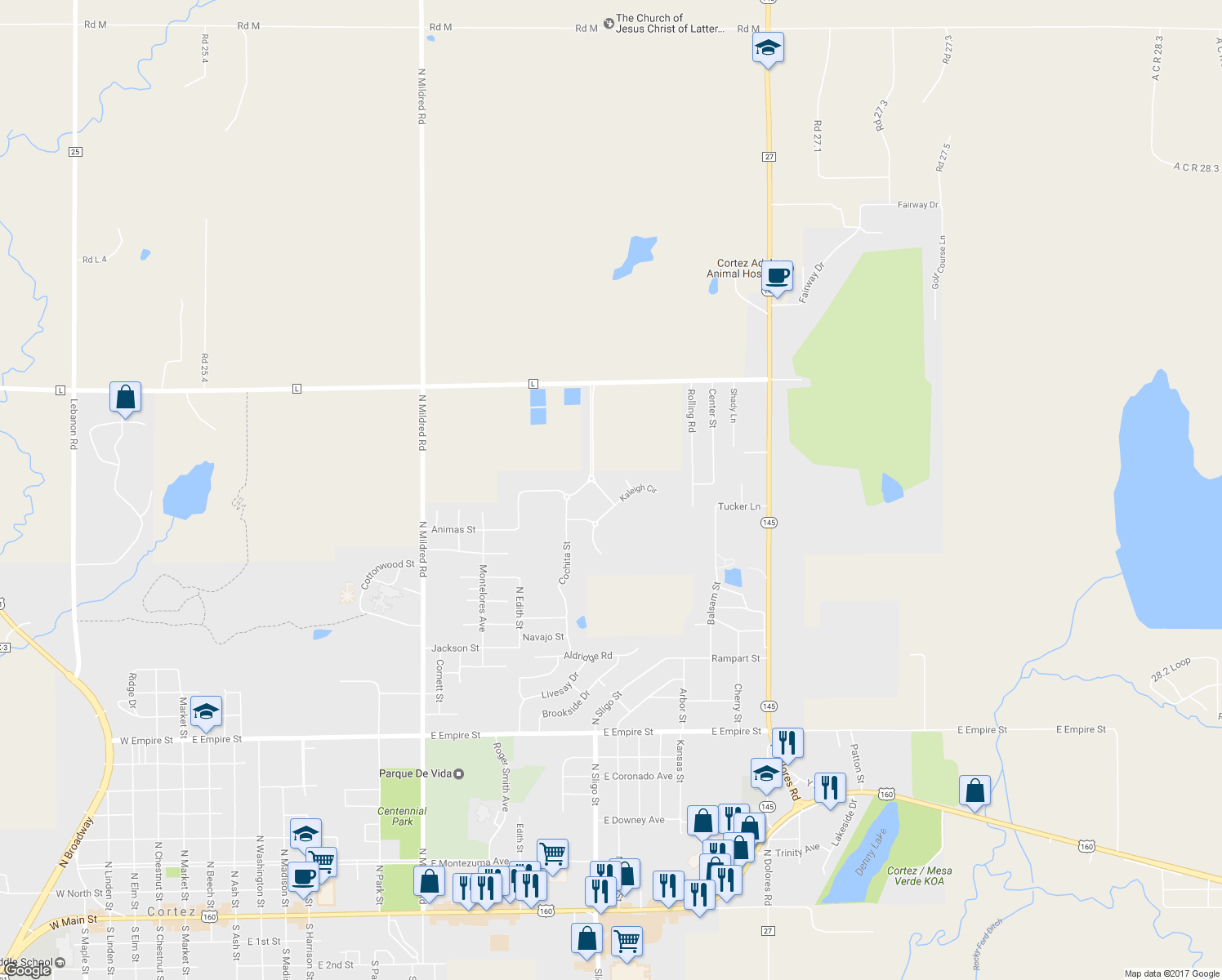 map of restaurants, bars, coffee shops, grocery stores, and more near 1702 Chessie Way in Cortez