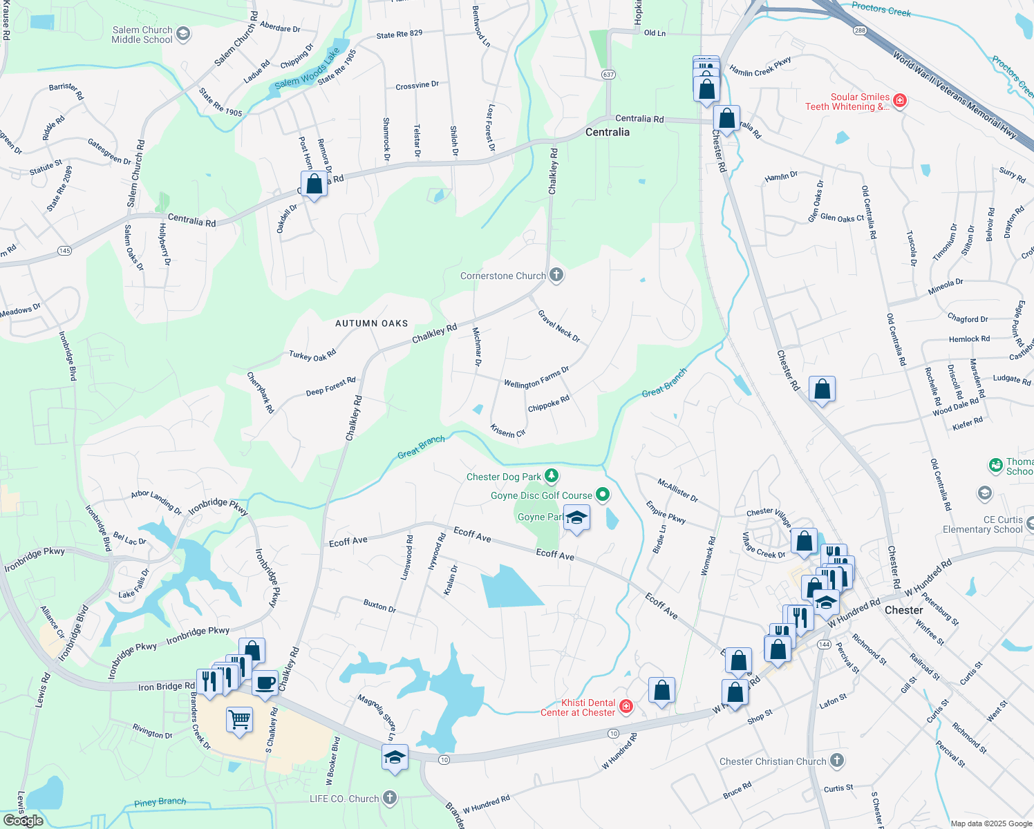 map of restaurants, bars, coffee shops, grocery stores, and more near 10815 Kriserin Cir in Chester