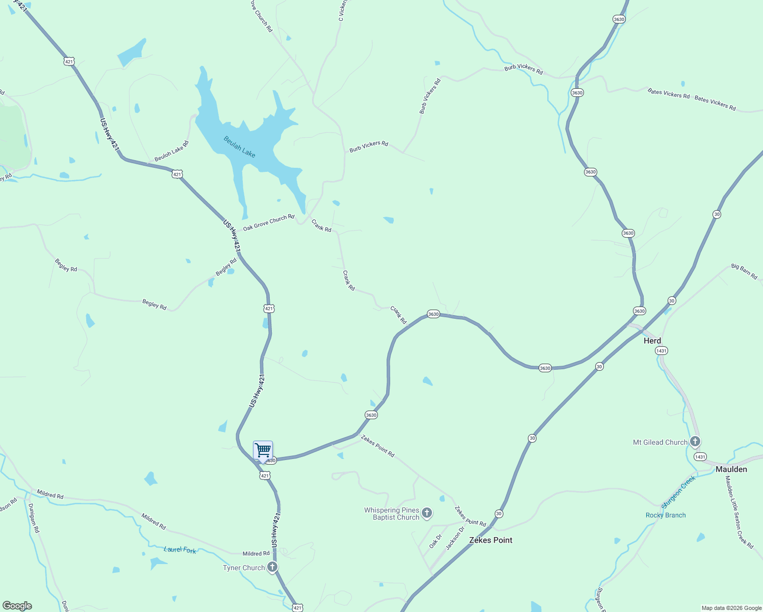 map of restaurants, bars, coffee shops, grocery stores, and more near 232 Crank Road in Tyner