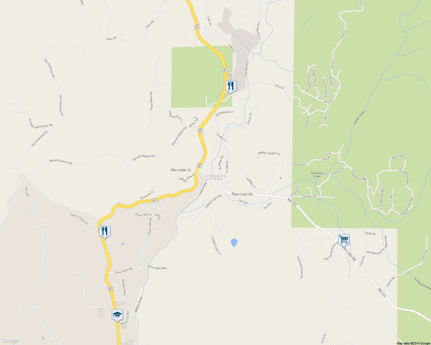 map of restaurants, bars, coffee shops, grocery stores, and more near 42442 Buckeye Rd in Oakhurst