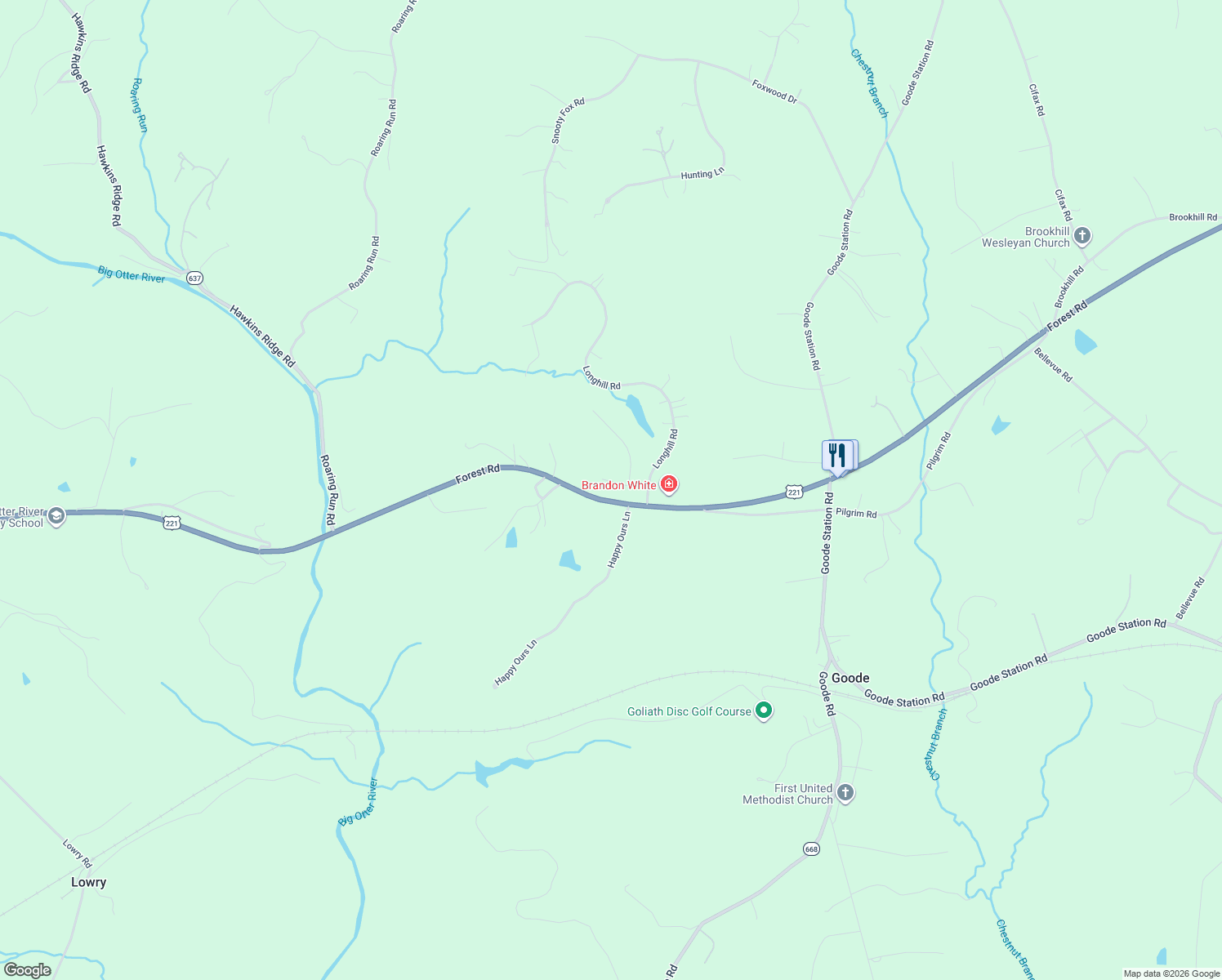 map of restaurants, bars, coffee shops, grocery stores, and more near 8450 Forest Road in Goode